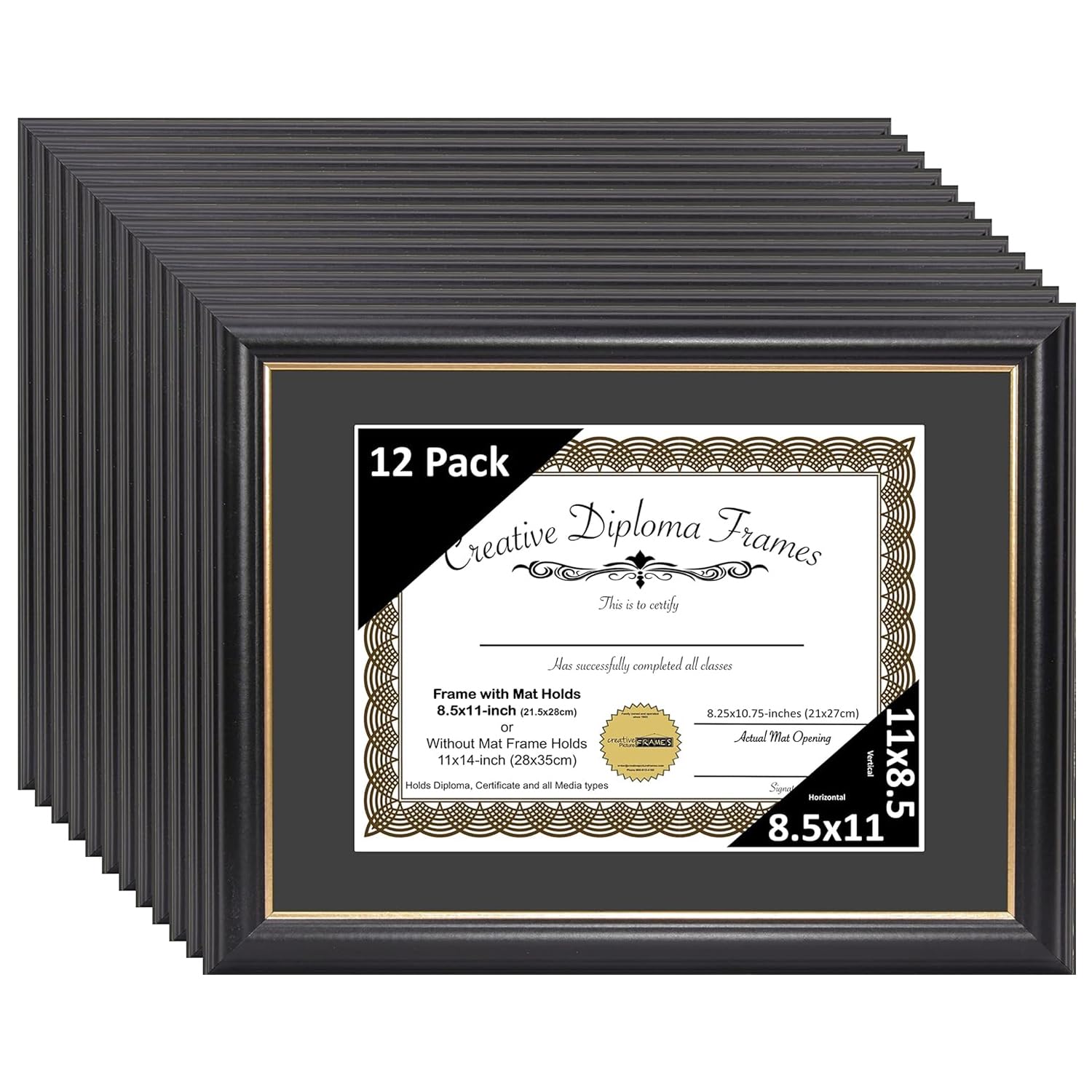 Premium 11x14 Black Picture Frames with Gold Trim - 12 Pack, Includes Black Mat for 8.5x11 Photos, Diplomas & Certificates - Wall Mount Hangers & Display Easel Included - Perfect for Home Office Decor, Graduation Gifts & Professional Displays