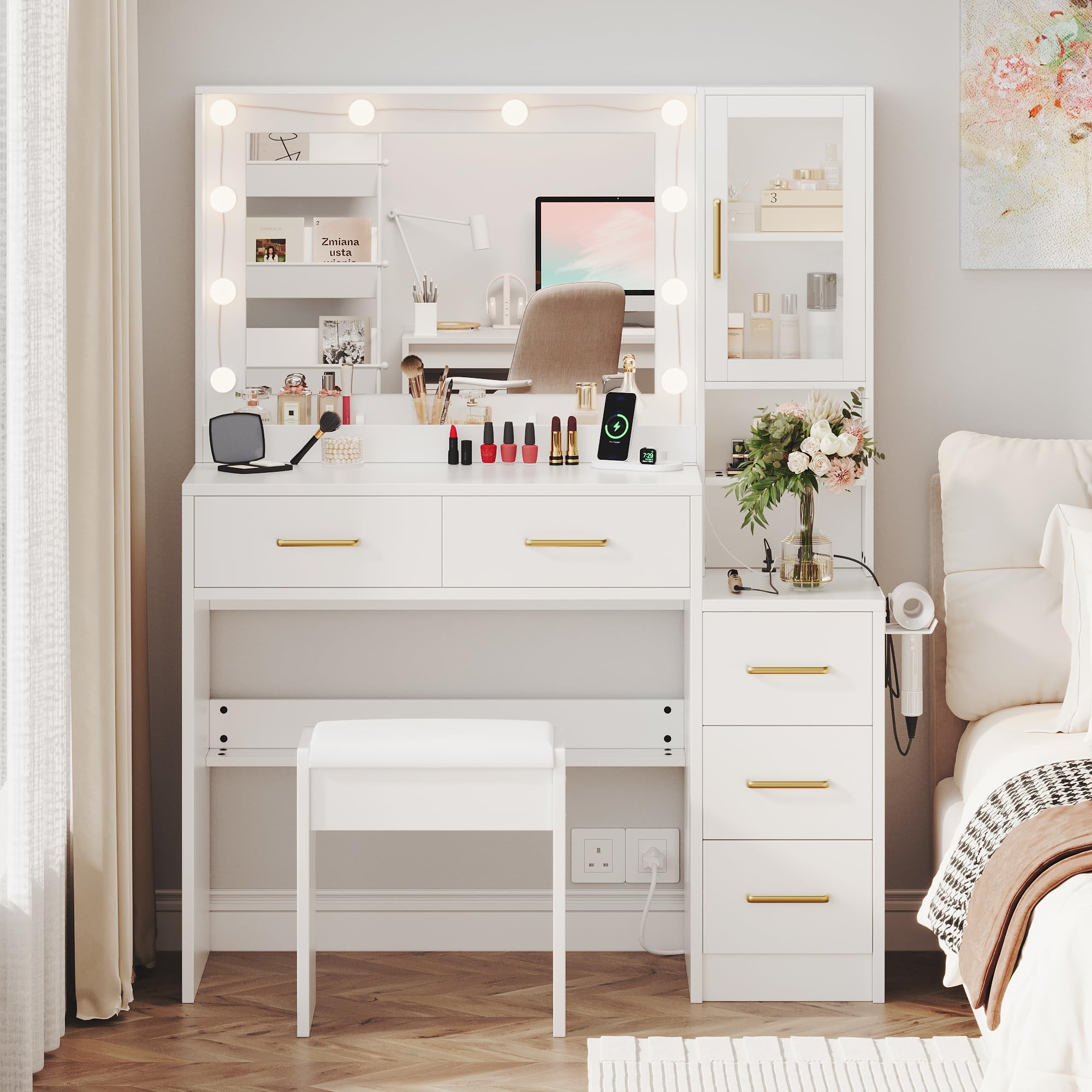 White Makeup Vanity Table with LED Lights & USB Charging Station, 5 Drawers & Open Shelves - Dressing Table Set for Women & Girls, Perfect for Bedroom, Dorm Room or Beauty Salon