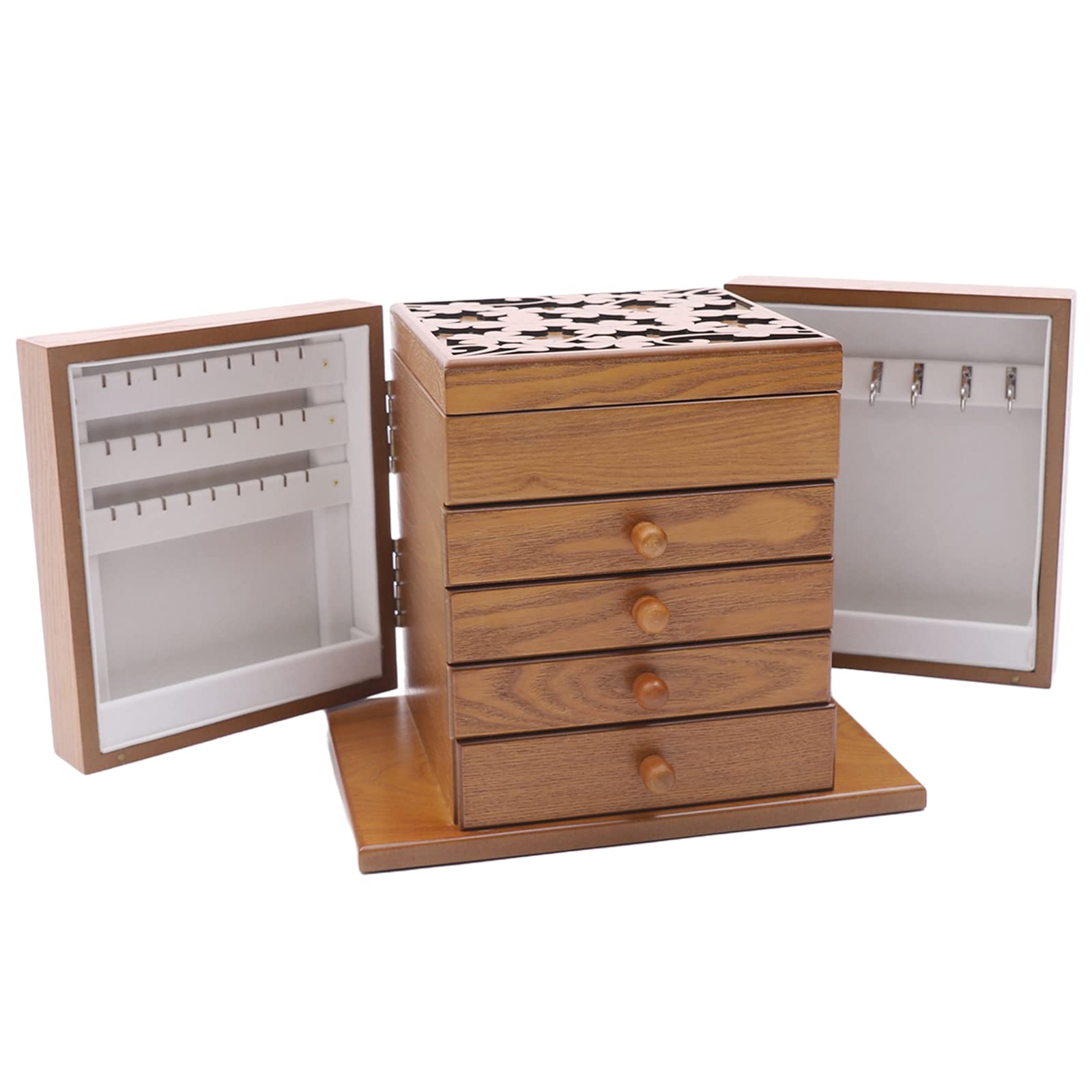 Eapmic Extra Large 5-Layer Wooden Jewelry Box - Hand Carved Four-Leaf Clover Design, Jewelry Storage Organizer for Rings, Necklaces & Accessories (Brown, Style 1) - Perfect for Bedroom Vanity, Wedding Gift & Travel Jewelry Case