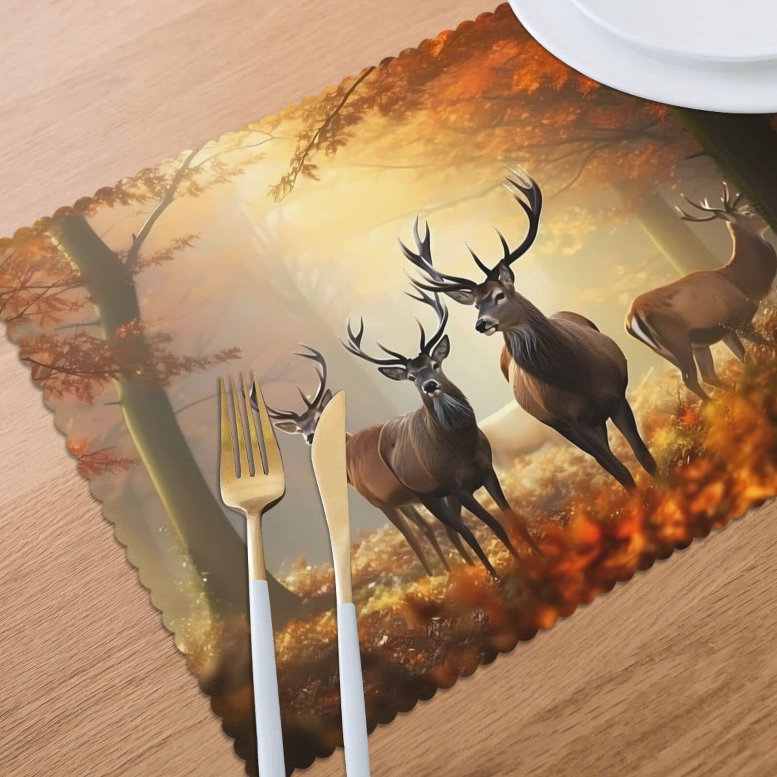 6-Pack Autumn Deer Forest Placemats - 12x18 Inch Heat-Resistant, Washable & Non-Slip Table Mats for Dining Room Decor - Perfect for Thanksgiving, Christmas Dinner and Fall Home Decor