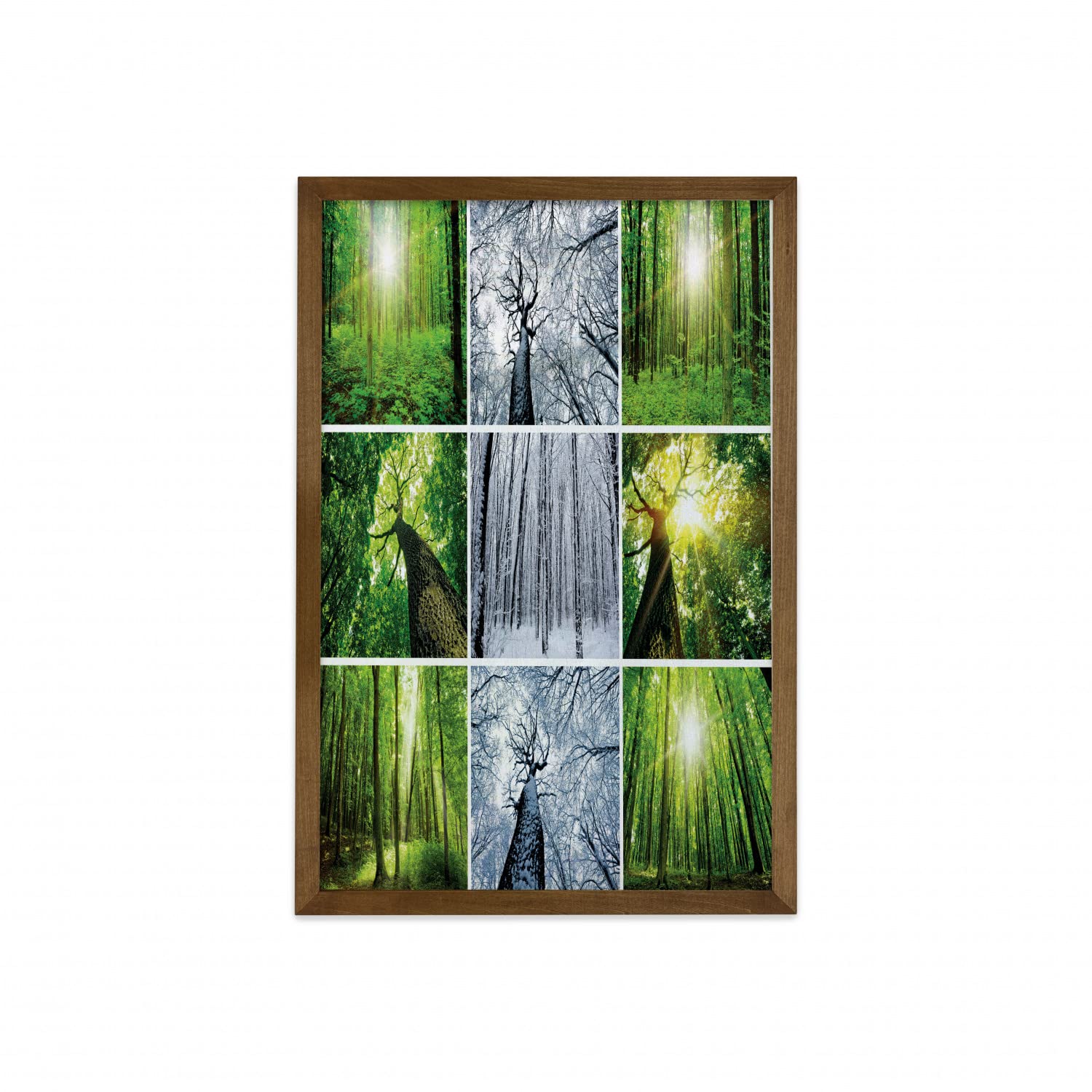 Ambesonne Forest Framed Wall Art - Green & Black Rainforest Tree Branches in Spring & Winter Woodland Collage - Fabric Decor with Teak Wood Frame - 23