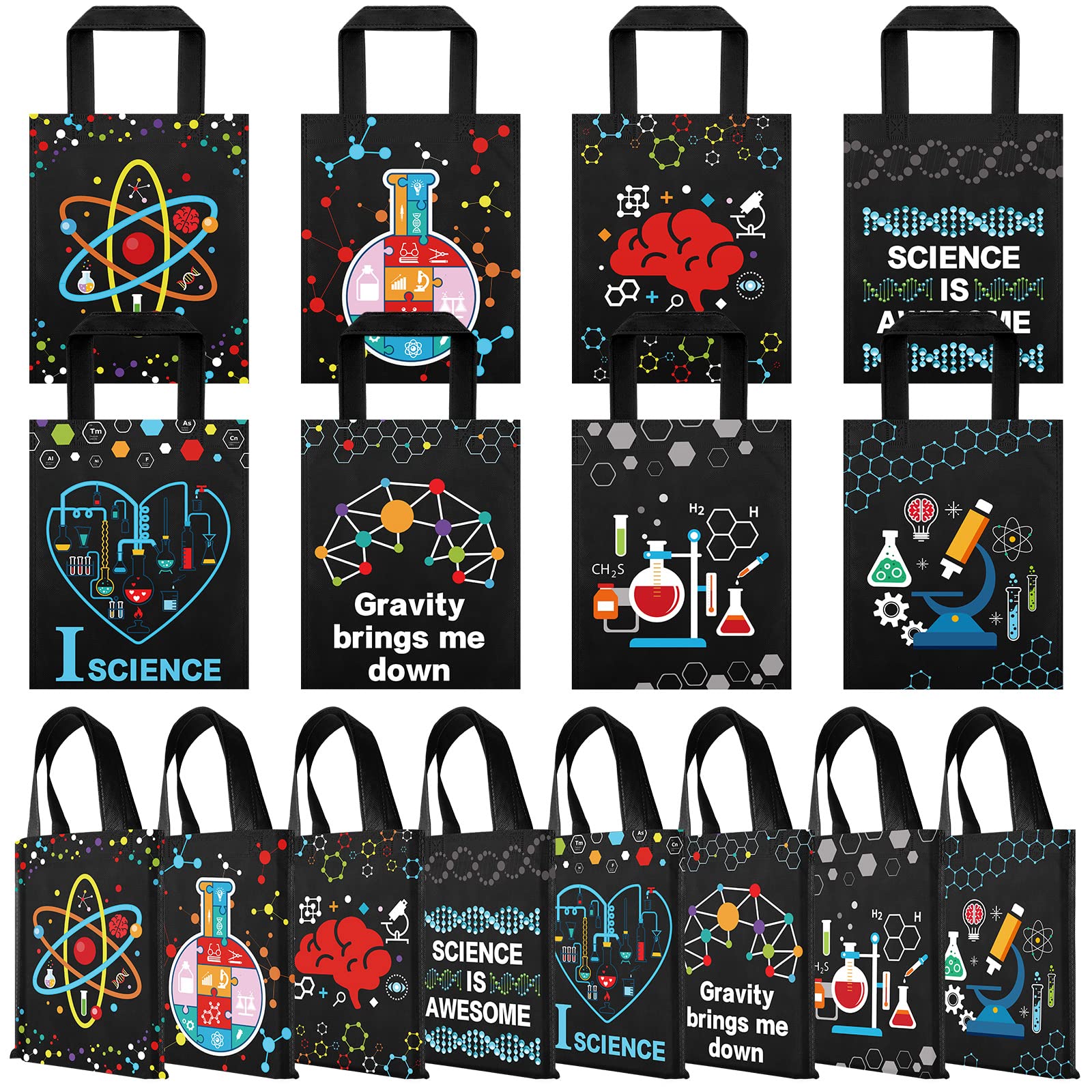 24 Pack Science Themed Party Favor Bags with Handles - Non-Woven Goodie Treat Gift Bags for Kids Birthday Party Supplies | Perfect for Classroom Rewards, Science Fair Prizes & Themed Birthday Parties