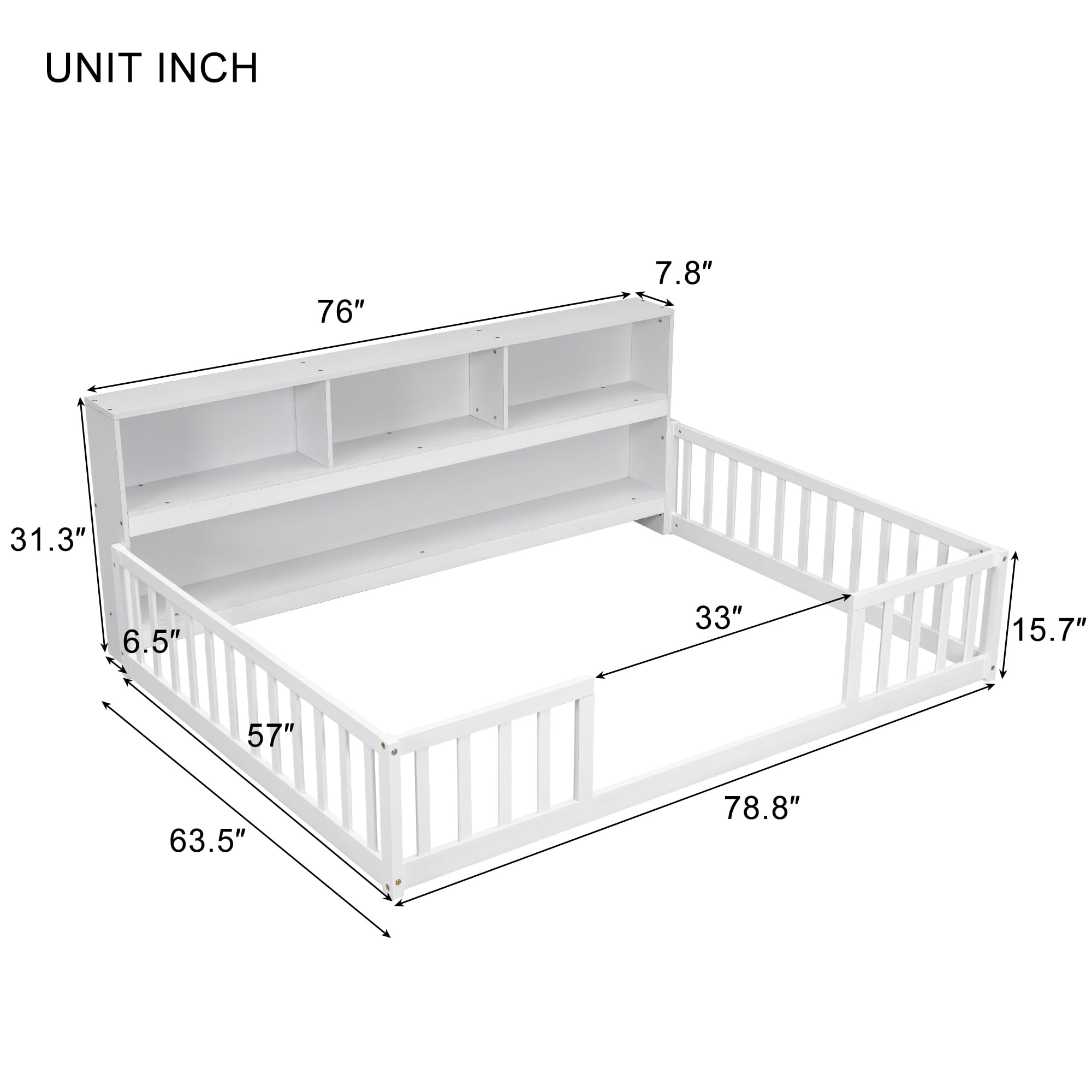 Full Size Floor Bed with Bedside Bookcase & Shelves - Multifunctional Wooden Platform Bed with Guardrails & Storage Headboard - Low Profile Kids & Teens Bed (White) - Perfect for Small Rooms, Dormitories & Cozy Bedrooms