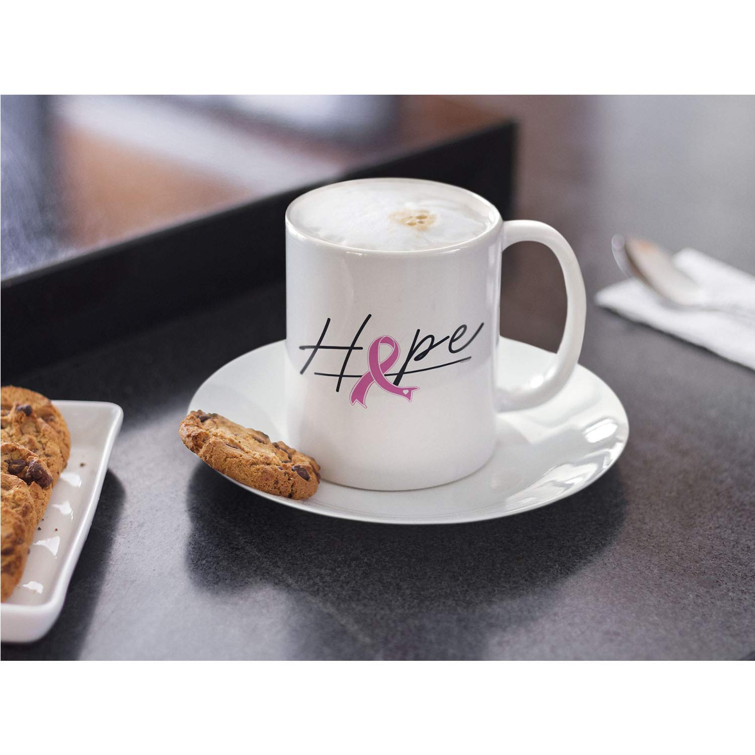 Veracco Believe Ribbon Ceramic Coffee Mug - 15oz Breast Cancer Awareness Gift with Pink Ribbon Design, Inspirational White Cup for Tea & Coffee - Perfect for Survivors, Fundraisers & Supportive Gifts