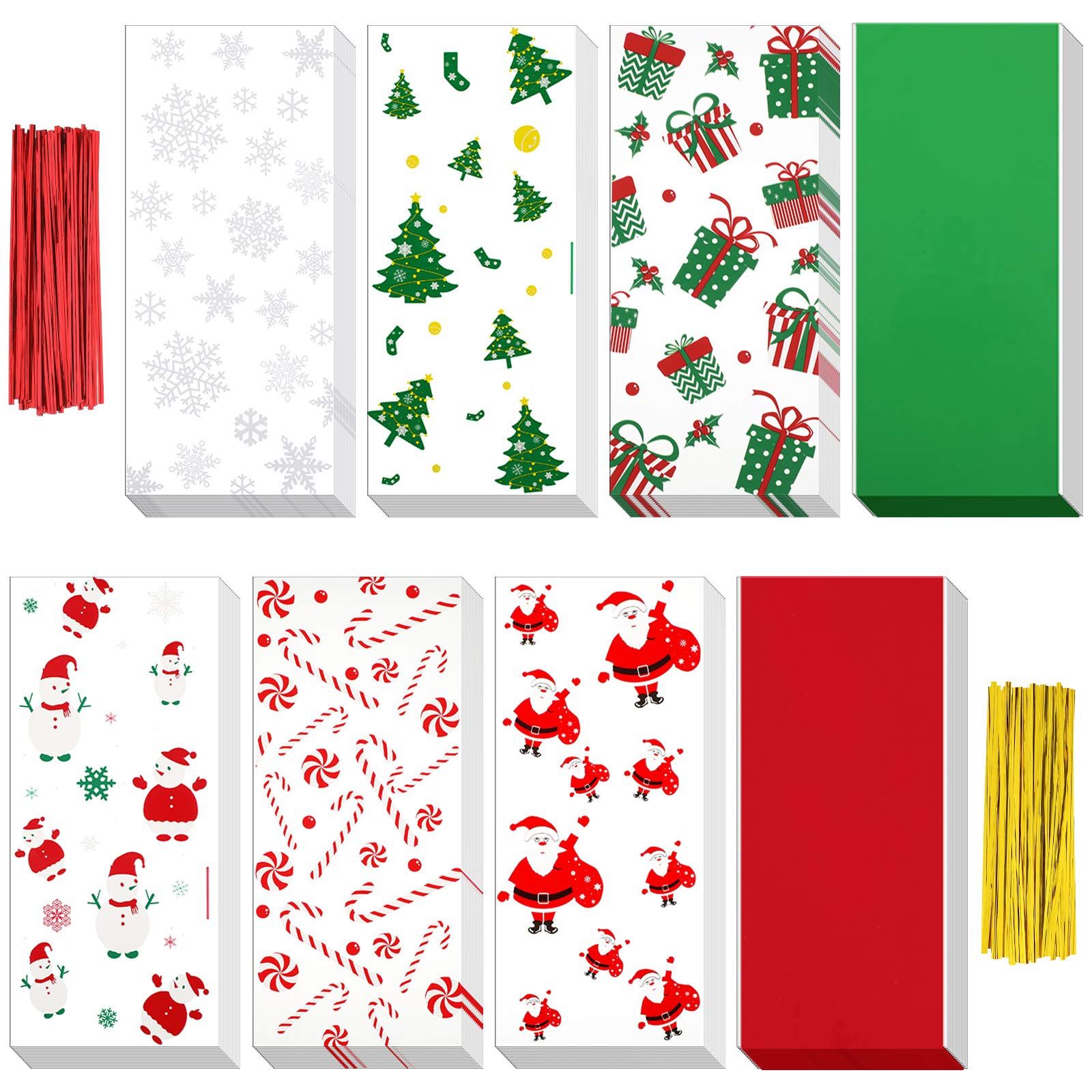 120-Piece Christmas Goodie Bags Set - 8 Styles Holiday Cellophane Treat Bags for Candy, Cookies & Party Favors with 200 Twist Ties - Perfect for Christmas Parties, Gift Giving & Holiday Celebrations