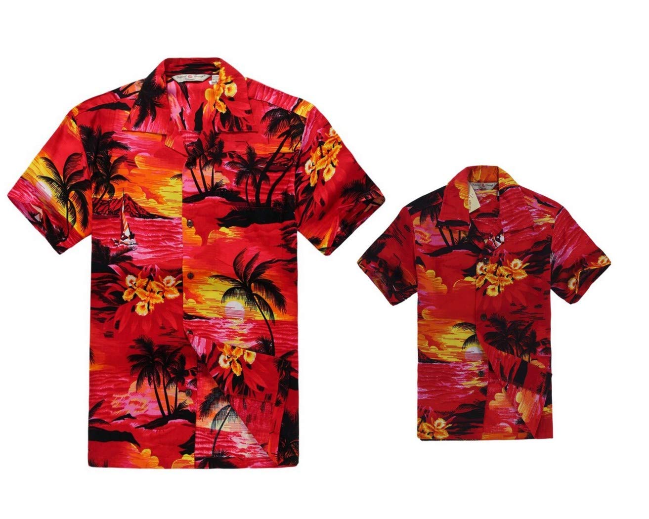 Stylish Matching Hawaiian Luau Shirts for Men & Boys - Sunset Red Tropical Aloha Shirts for Beach Parties, Summer Vacations & Family Events