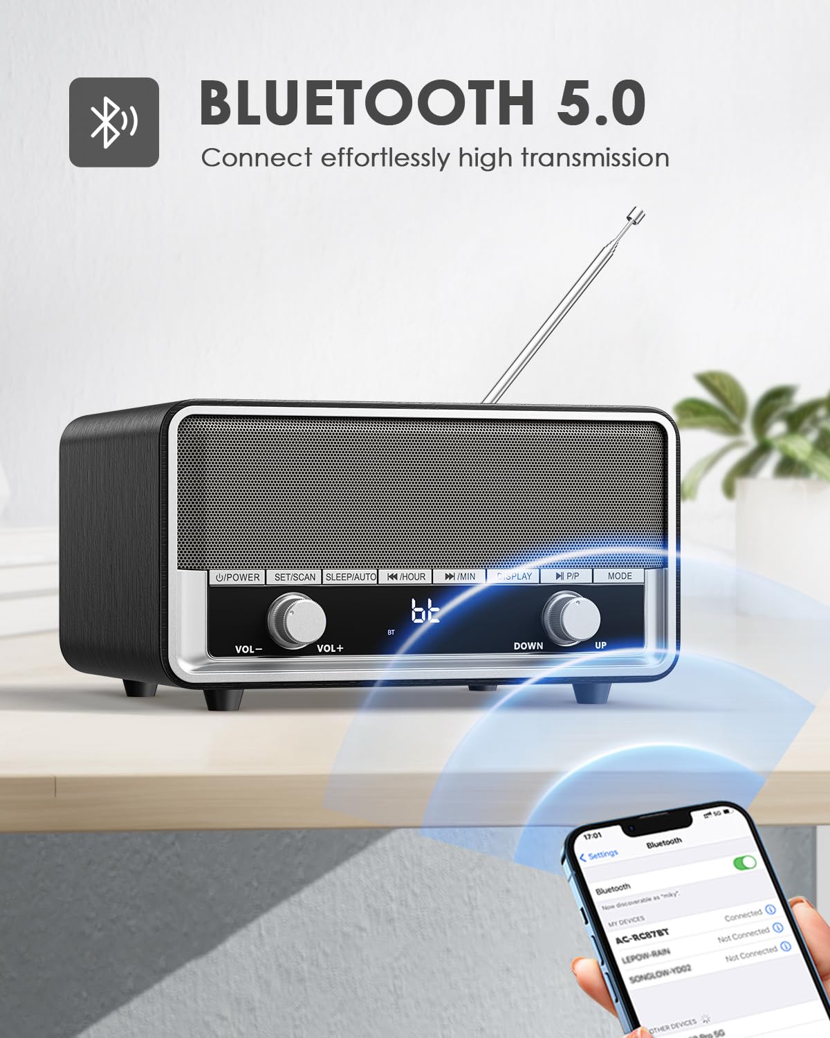 **Retro AM/FM Digital Alarm Clock Radio with Bluetooth Speaker - 40 Presets, LCD Display, Wall Plug-in - Perfect for Bedroom, Office & Gifts (Black)**