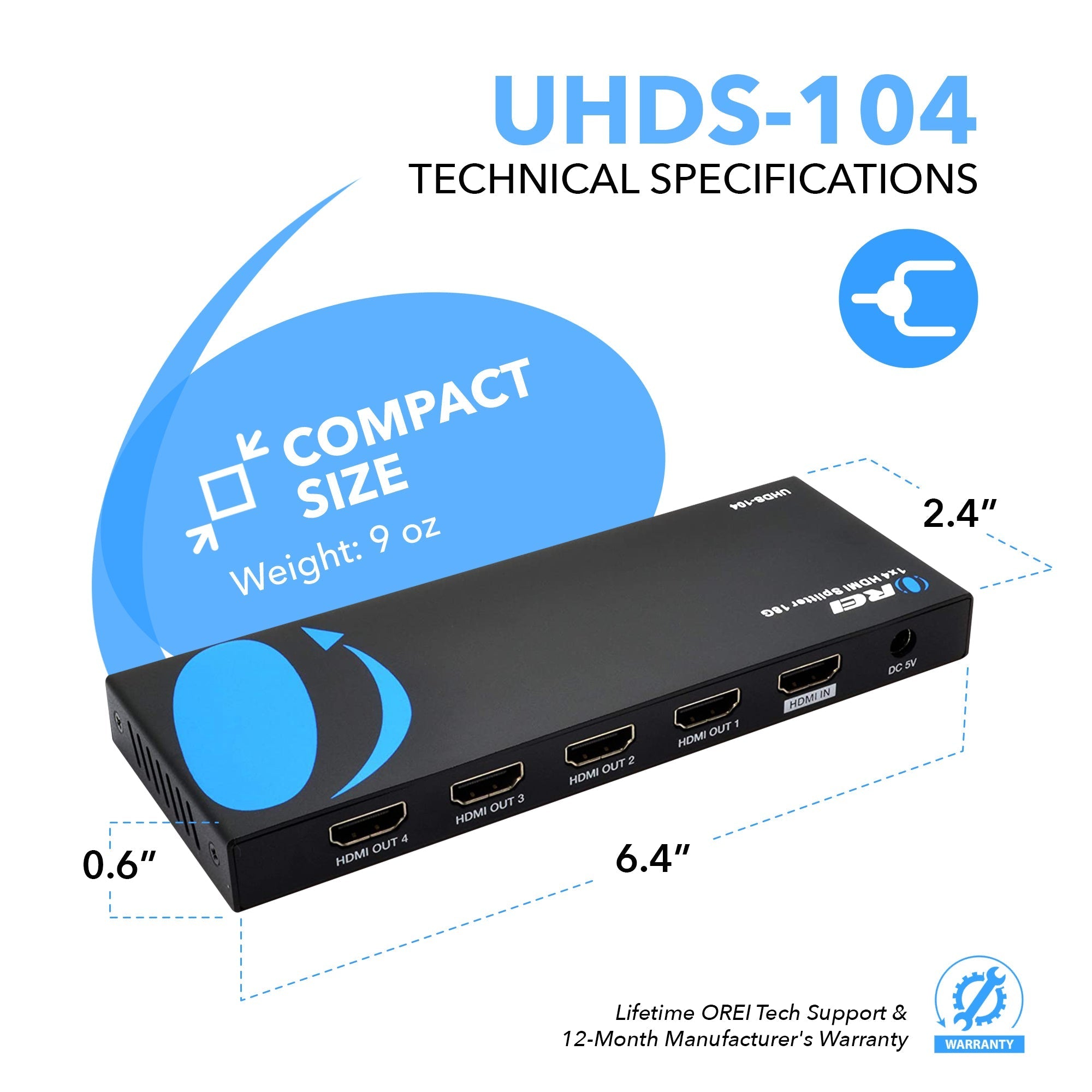 1×4 HDMI Splitter 18Gbps 4K 60Hz HDR - UHDS 104 - Duplicate & Mirror HDMI Signal for Home Theater, Gaming & Multi-Screen Setup