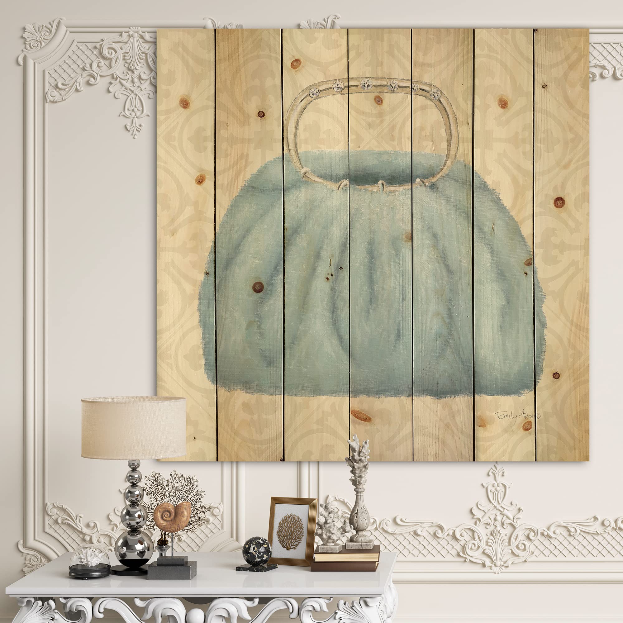 DesignQ Glam Cosmetics Blue Bag Traditional Wood Wall Decor - Handcrafted Blue Wood Wall Art, Large Fashion Wood Panels Printed on Natural Pine - Perfect for Home, Office & Boutique Decor