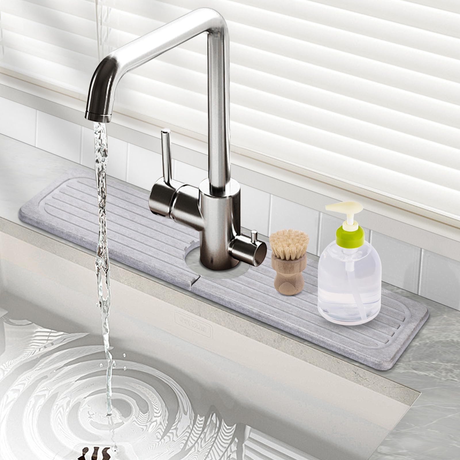 Premium Diatomite Stone Faucet Mat for Kitchen & Bathroom Sink - 15.7x3.9 Inch Quick Dry Non-Slip Counter Mat - Prevents Moisture & Water Spills - Perfect for Dishwashing, Handwashing & Countertop Protection (Gray)