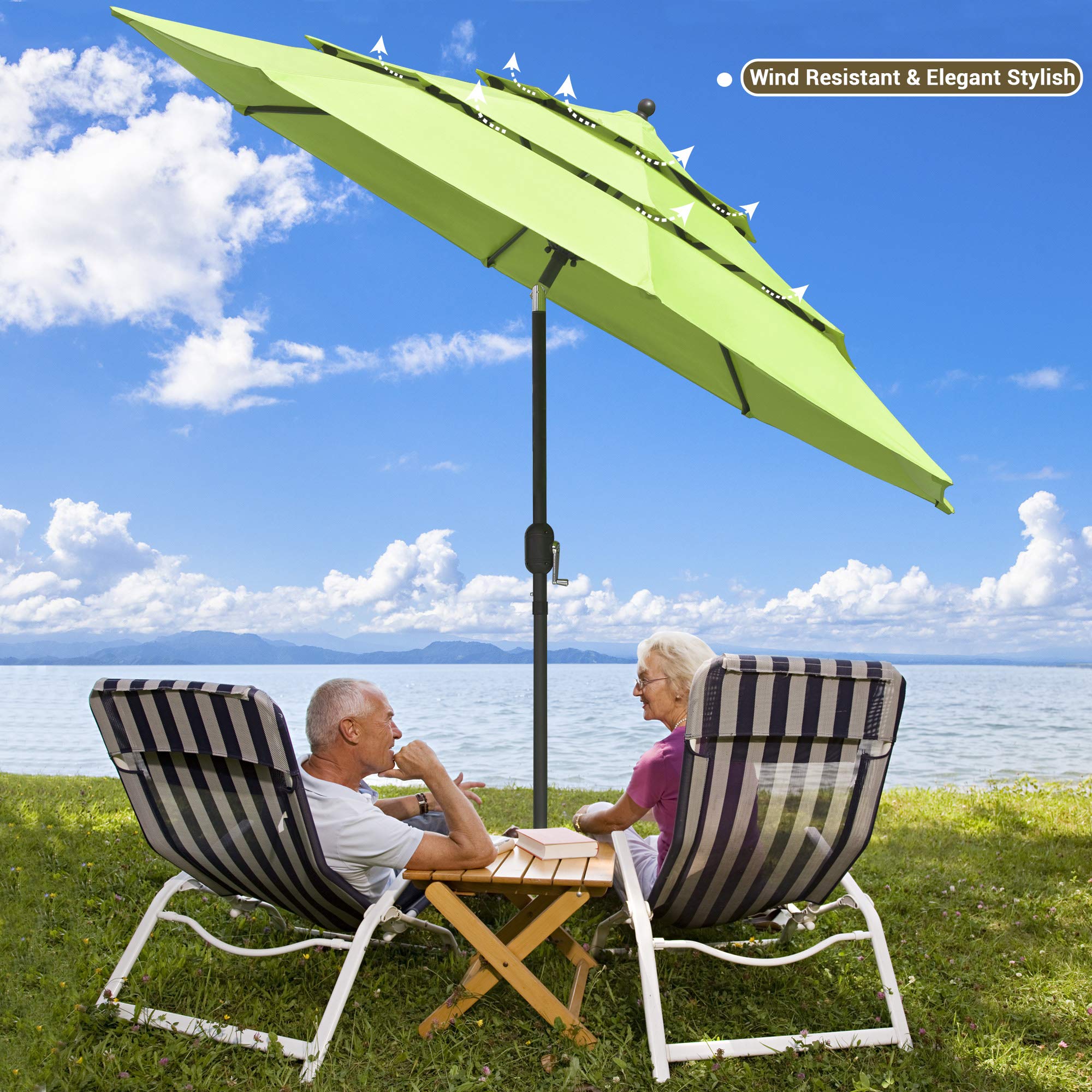 Yescom 9FT 3-Tier UV70+ Aluminum Patio Umbrella with Crank Handle - Waterproof & Tilt Function for Outdoor, Beach, Yard, Deck, Table - Perfect for Shade in Apple Green
