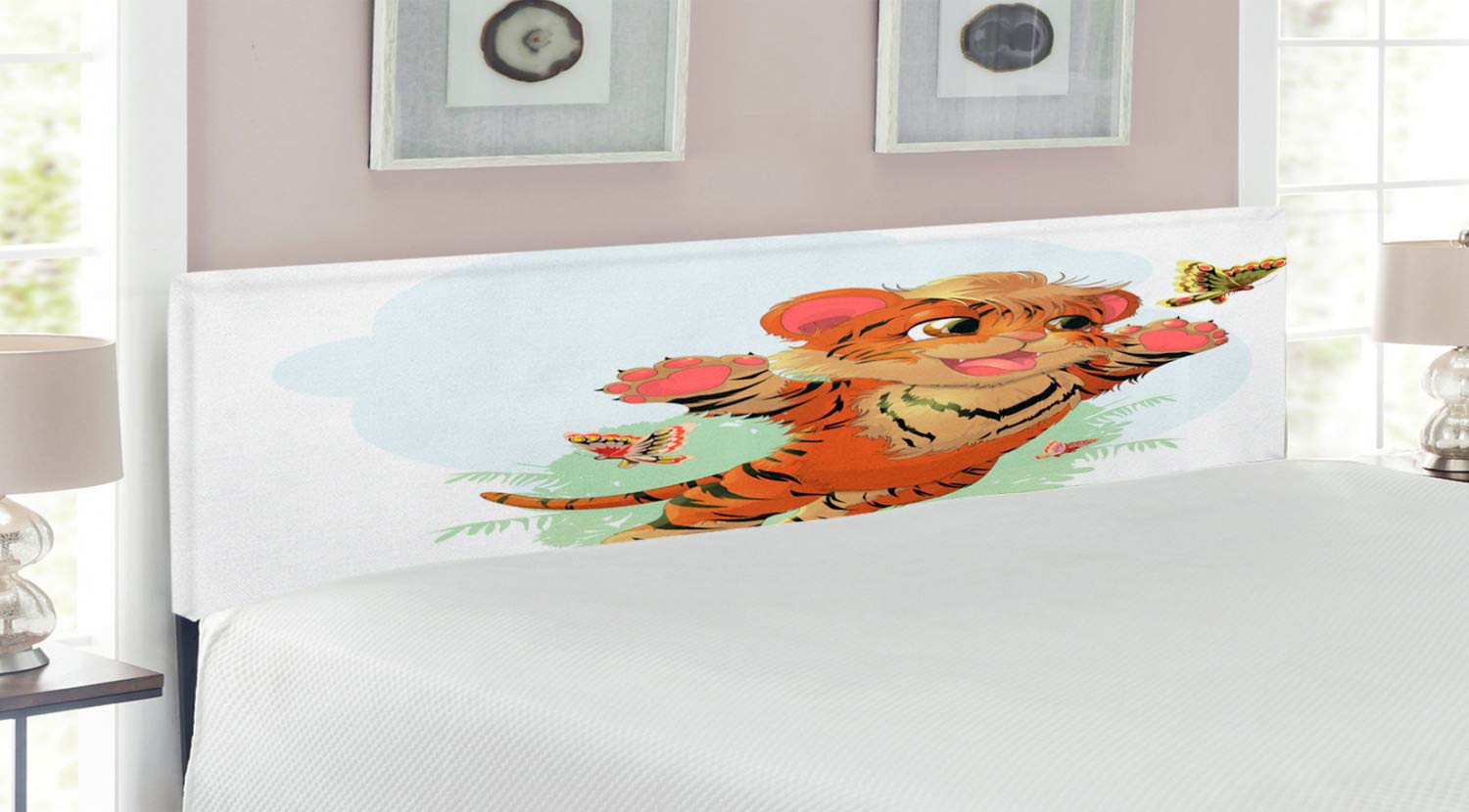 Ambesonne King Size Upholstered Metal Bed Headboard with Memory Foam - Playful Tiger Cat & Butterflies Meadow Design in Orange Cream Green Colors - Perfect for Kids Rooms, Nursery Decor or Whimsical Bedroom Themes