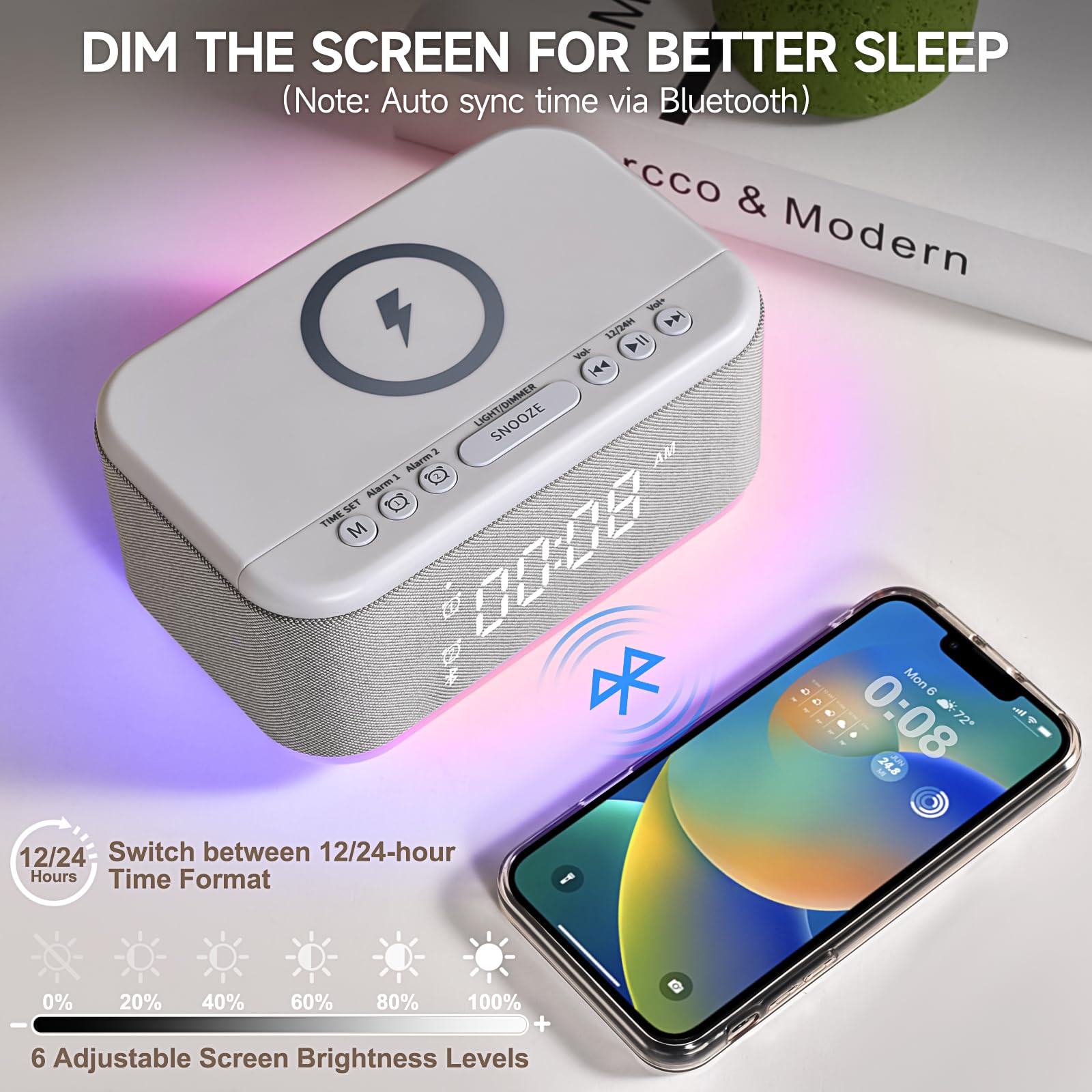 Wireless Charging Alarm Clock with Bluetooth Speaker - Digital LED Display, Dimmable RGB Night Light, Dual Alarm & Snooze - Perfect for Bedroom, Office, Travel (12/24H, USB/AUX, Gray A21-B)