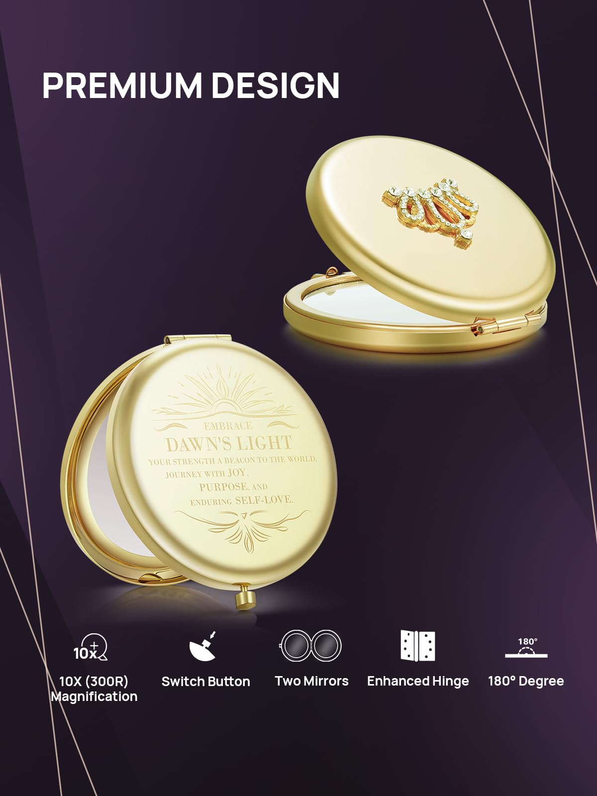 OMIRO 10X Magnifying Compact Mirror with Crown Engraving - Small Pocket Makeup Mirror for Women, Perfect Gift for Her, Mom & Girlfriend (Gold) - Ideal for Travel, Home Vanity & Handbag Essentials