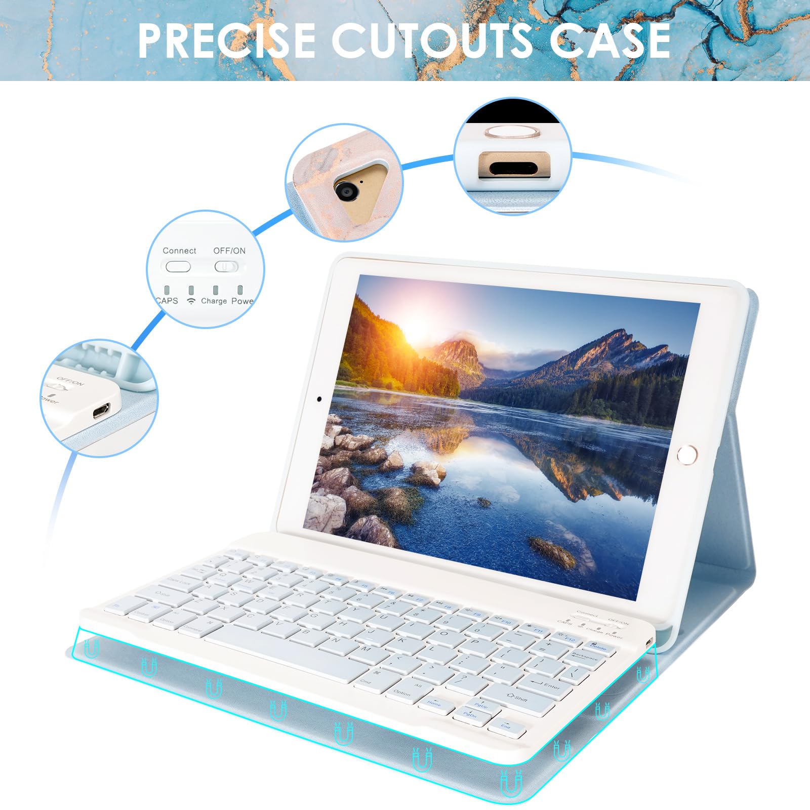 LAMA Wireless Keyboard Case for iPad 9.7 inch (6th/5th Gen iPad, iPad Pro & iPad Air 2/1) - Detachable Bluetooth Keyboard with Pencil Holder, Auto Sleep/Wake Function - Marble Blue | Perfect for Work, Study & Travel