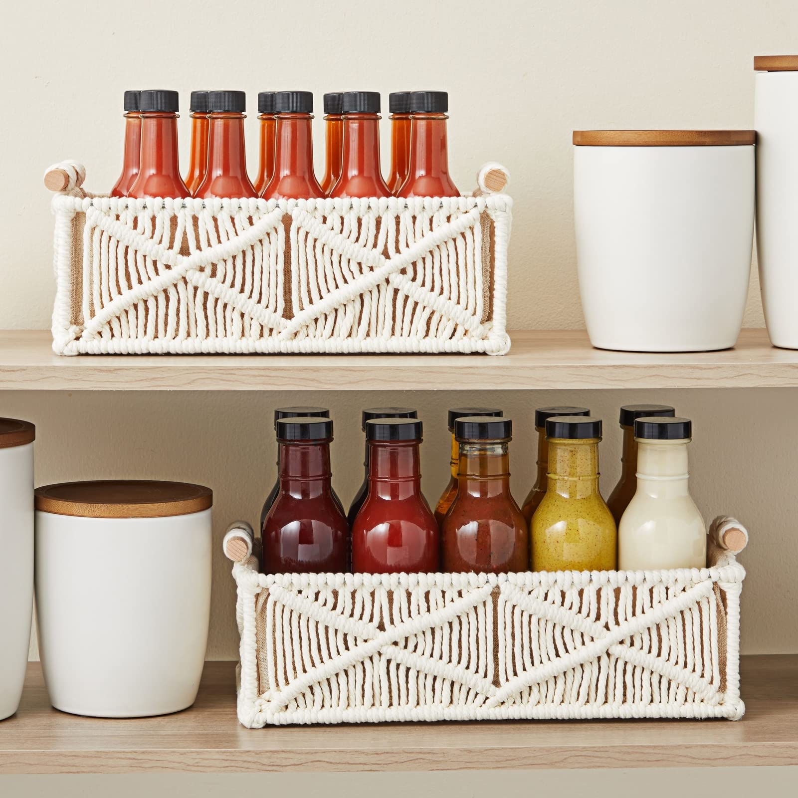 Okuna Outpost Set of 2 Macrame Storage Baskets with Wood Handles - Woven Home Decor Organizer Bins for Bedroom, Bathroom & Nursery (Ivory)