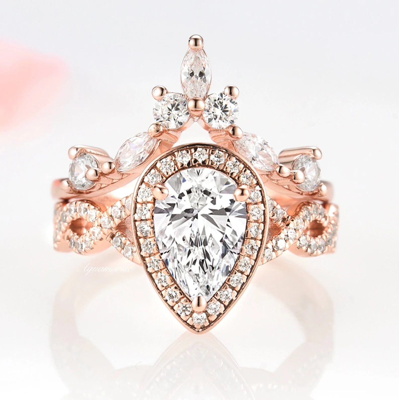 14K Rose Gold Vermeil Diamond (CZ) Engagement Ring Set for Women - Elegant Wedding, Proposal, Anniversary Gift Idea