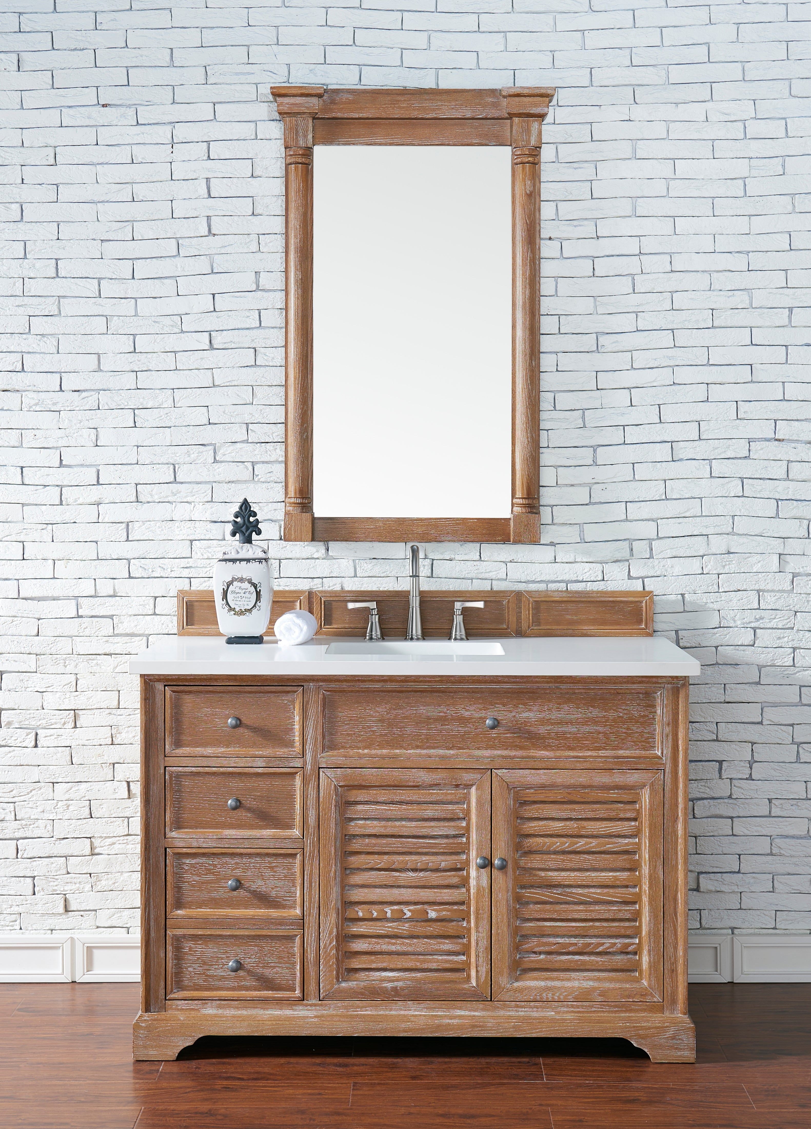 Savannah 48 Inch Single Bathroom Vanity Cabinet in Driftwood Finish with 3CM Classic White Quartz Countertop - Perfect for Modern Master Bathrooms & Guest Powder Rooms