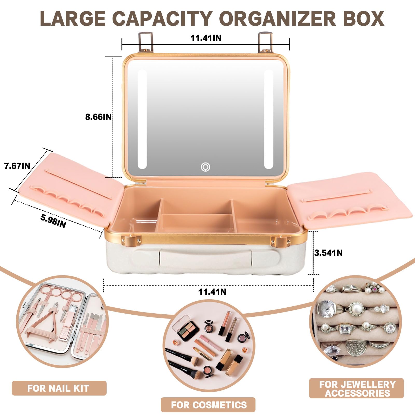 Napfox Professional Makeup Case with LED Lighted Mirror - Portable Travel Cosmetic Organizer for Makeup Artists, Hairstylists & Beauty Enthusiasts - Perfect for Travel, Salon & Home Use - White