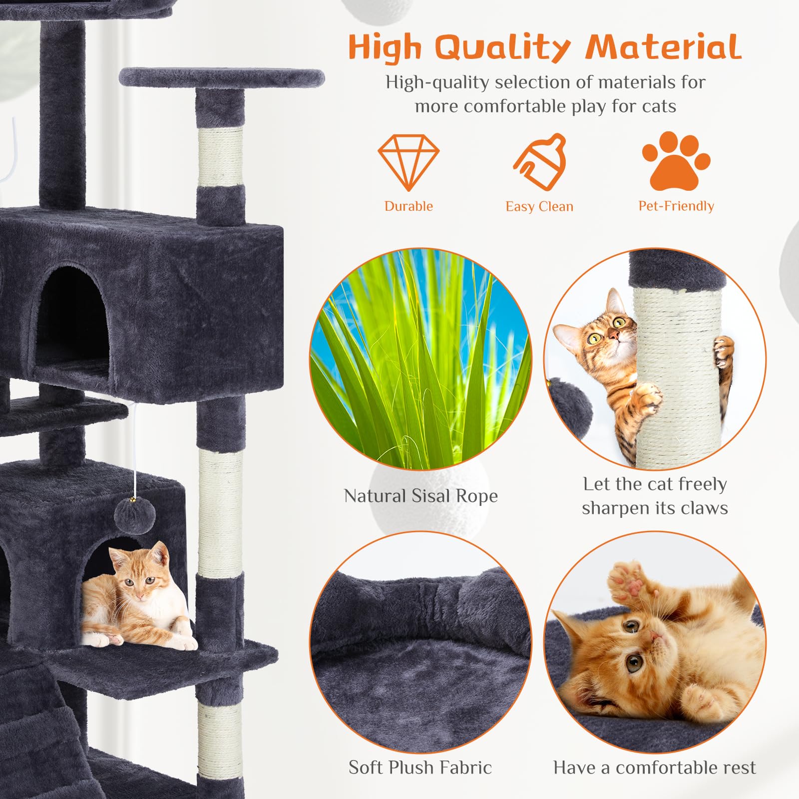 Premium 54-Inch FluffyDream Multi-Level Cat Tree Tower for Indoor Cats - Sisal Scratching Posts, Play House & Condo for Large Cats & Kittens (Gray) | Perfect for Small Apartments & Pet-Friendly Homes