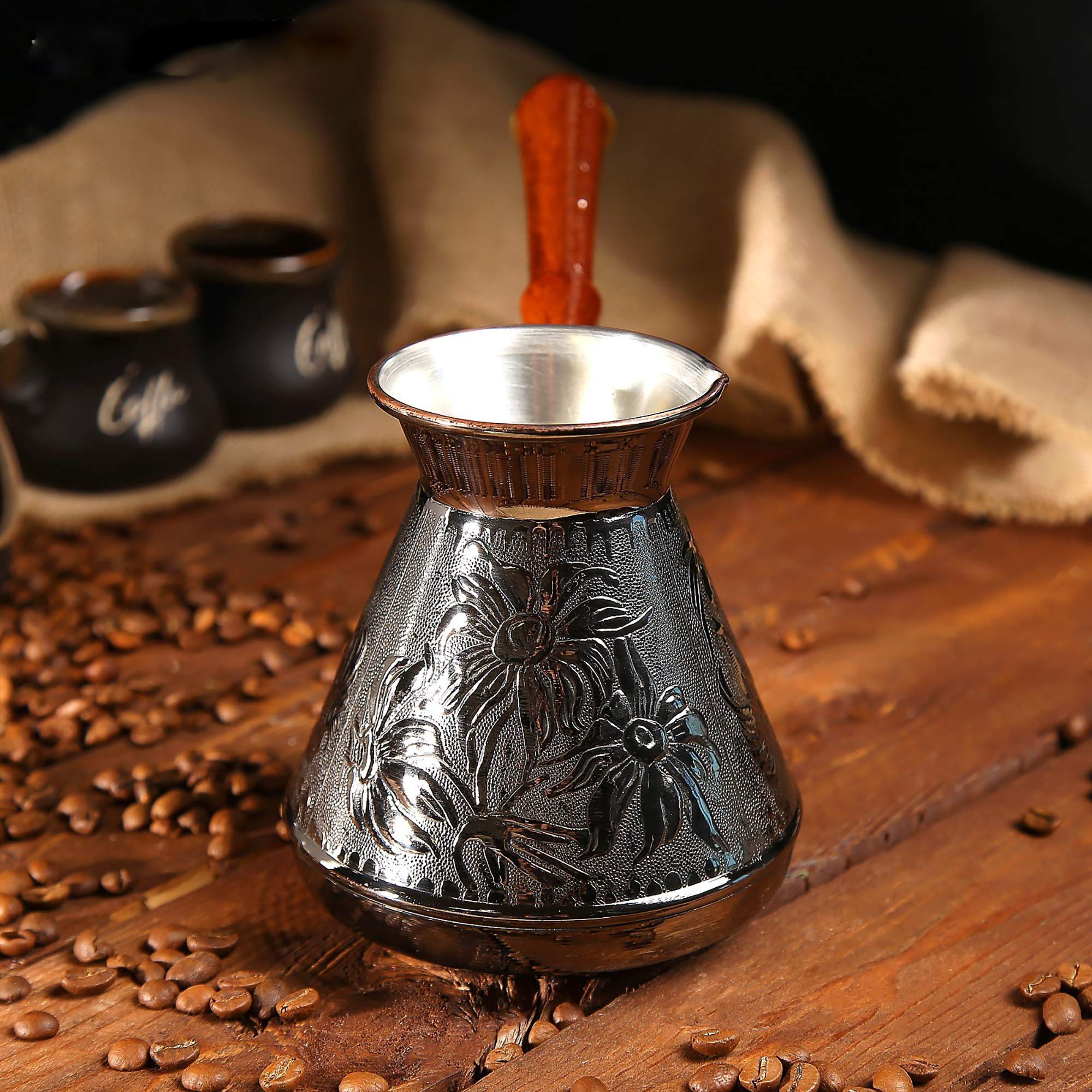25 Oz Copper Turkish Greek Arabic Engraved Coffee Pot - Stovetop Cezve Ibrik Briki with Wooden Handle - Perfect for Traditional Coffee Brewing at Home or Cafe
