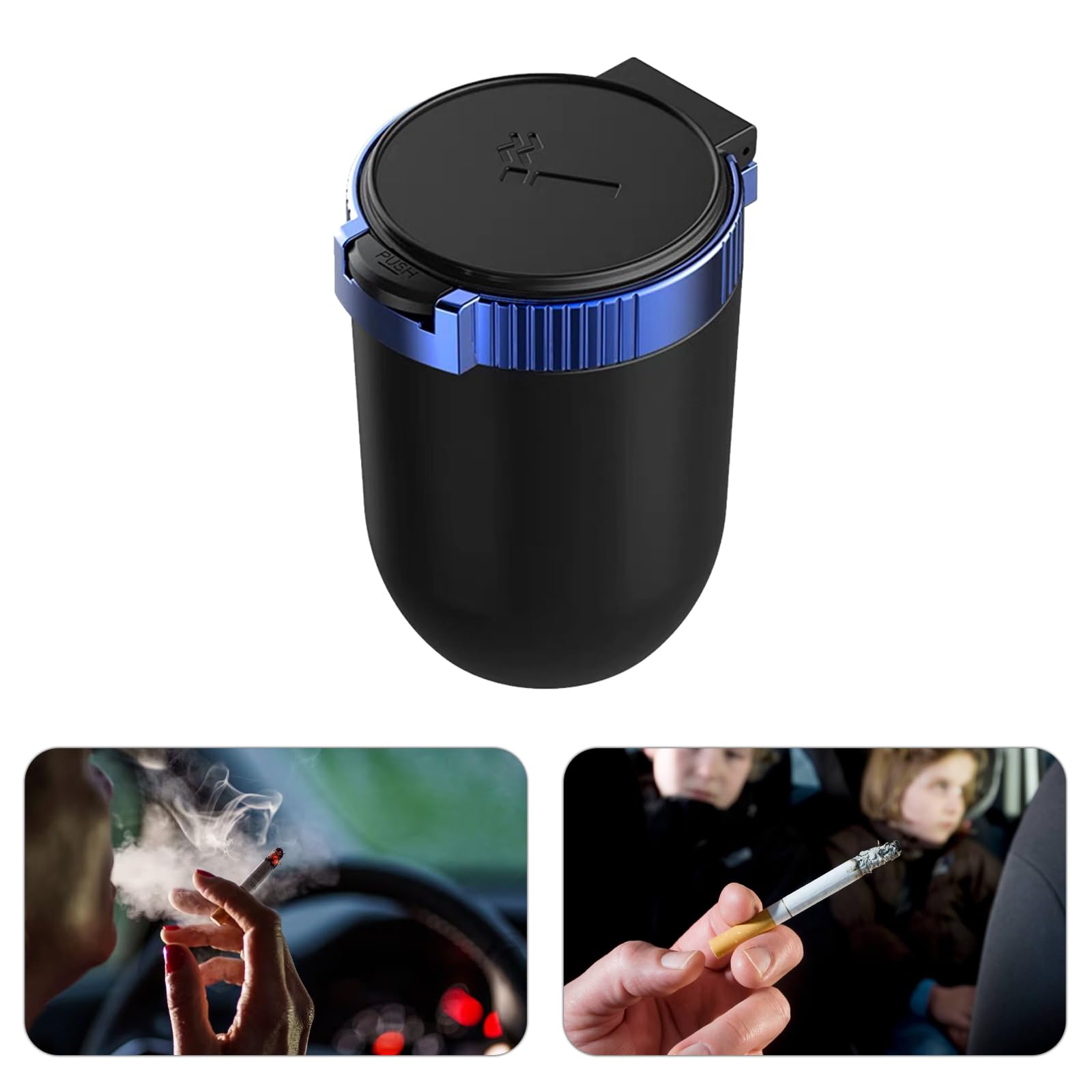 Smell Proof Car Ashtray with Lid - Portable Mini Car Trash Can with LED Blue Light, Removable Stainless Steel Cup Holder, Universal Car Interior Accessories (Blue) for Smoke-Free Driving Experience