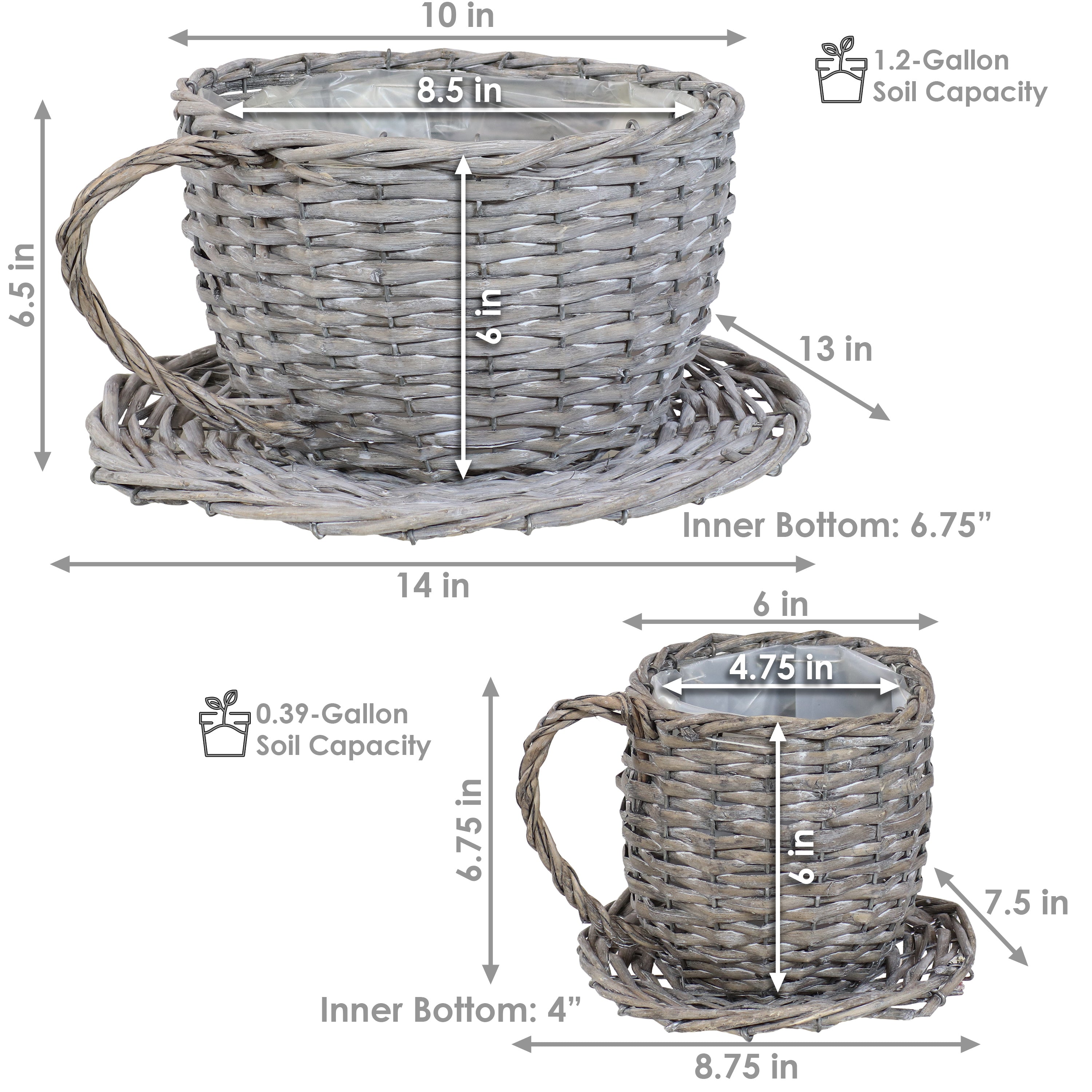 Sunnydaze Set of 2 Gray Willow Wicker Coffee Cup Indoor Planters - Perfect for Home Decor, Office Desk, and Succulent Plant Display