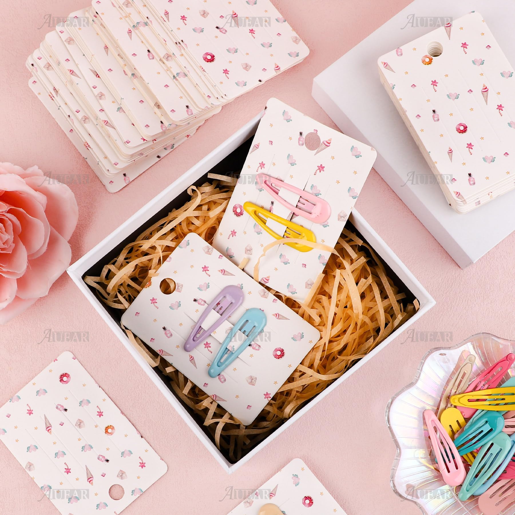 AUEAR 100-Pack Cute Hair Bow Display Cards - Durable Paper Cardboard Holders for Hair Clips & Barrettes - Perfect for Salon, Retail Store, and Gift Packaging