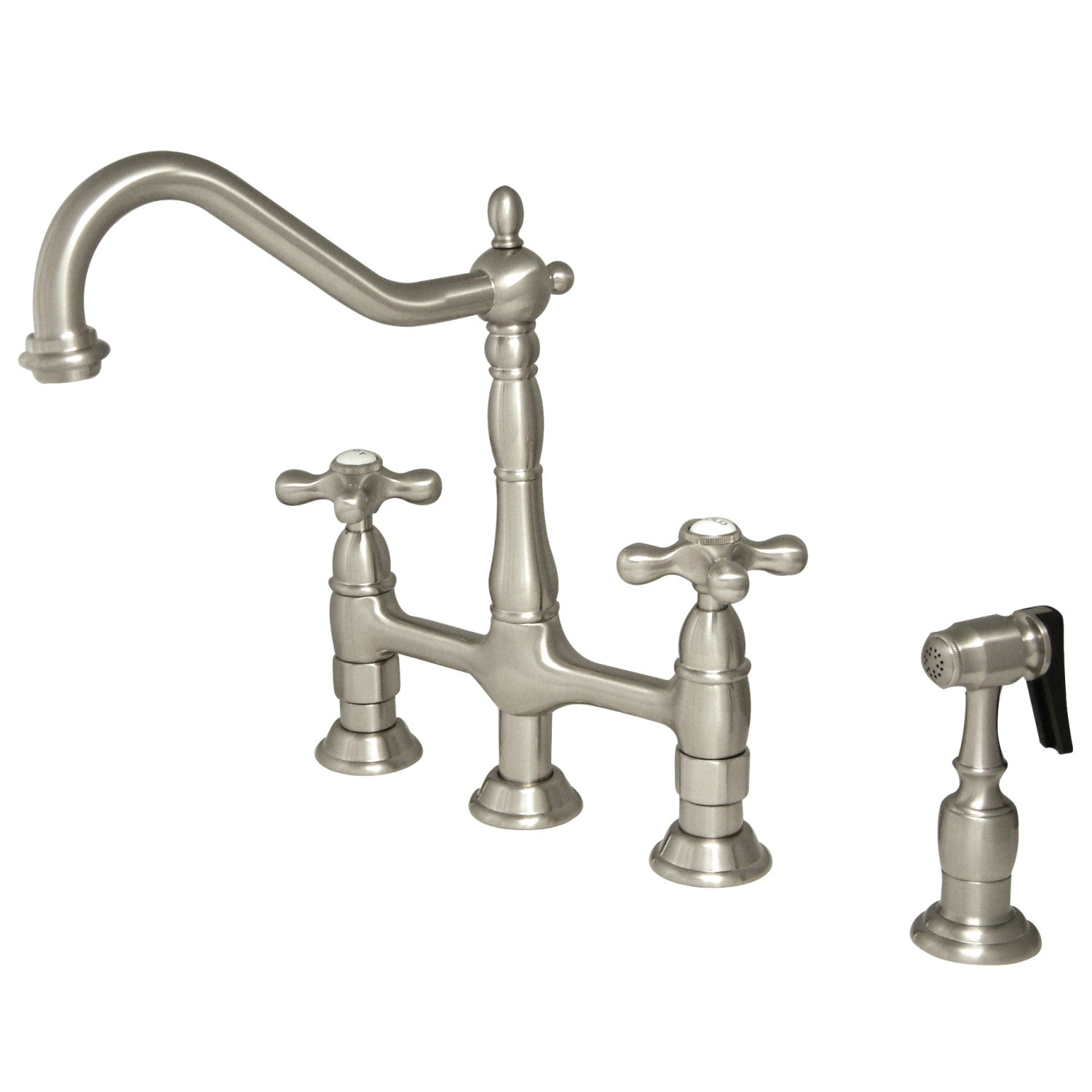 Stainless Steel Cross Handles Bridge Kitchen Faucet with Pull Down Side Sprayer - Perfect for Farmhouse, Vintage, and Industrial Style Kitchens