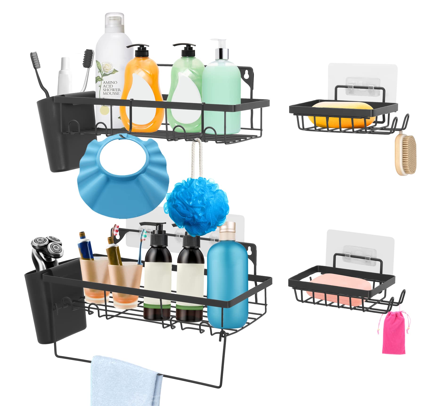 Fortuning's JDS No Drill Shower Caddy Basket Shelf - 2 Pack Adhesive Bathroom Organizer with Soap Holders, SUS304 Stainless Steel Spice Rack for Kitchen & Shower Storage - Perfect for Small Bathrooms & Apartment Living (Black)