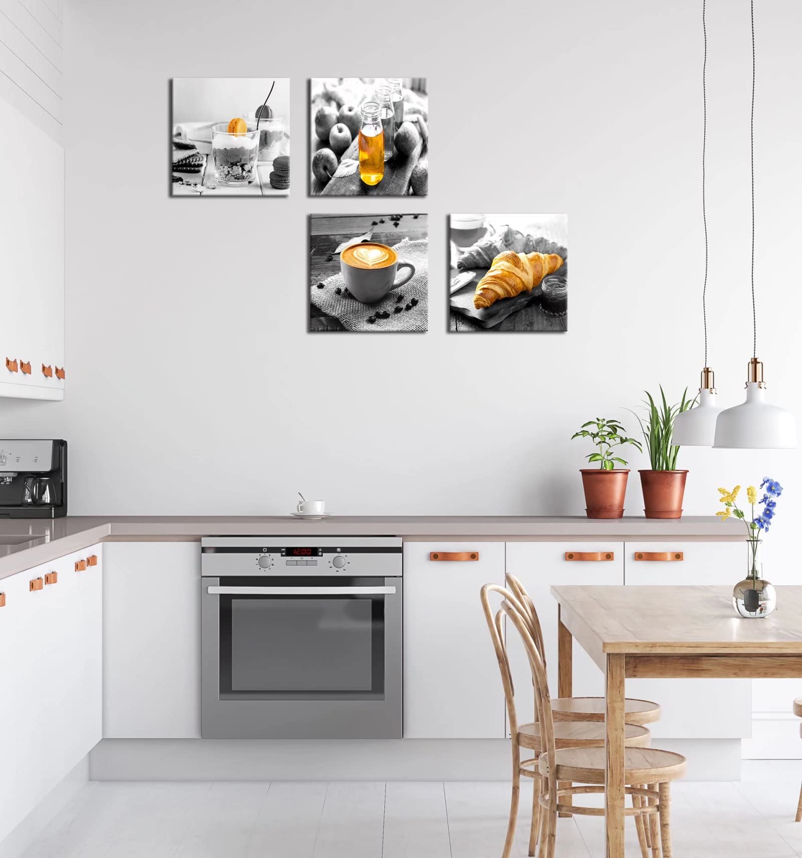 Modern Black and White Coffee Canvas Painting Set - 12x12 Inch Framed Wall Art for Kitchen, Bakery & Cafe Decor (4-Piece) - Perfect for Breakfast Nook, Dining Room & Coffee Shop Ambiance