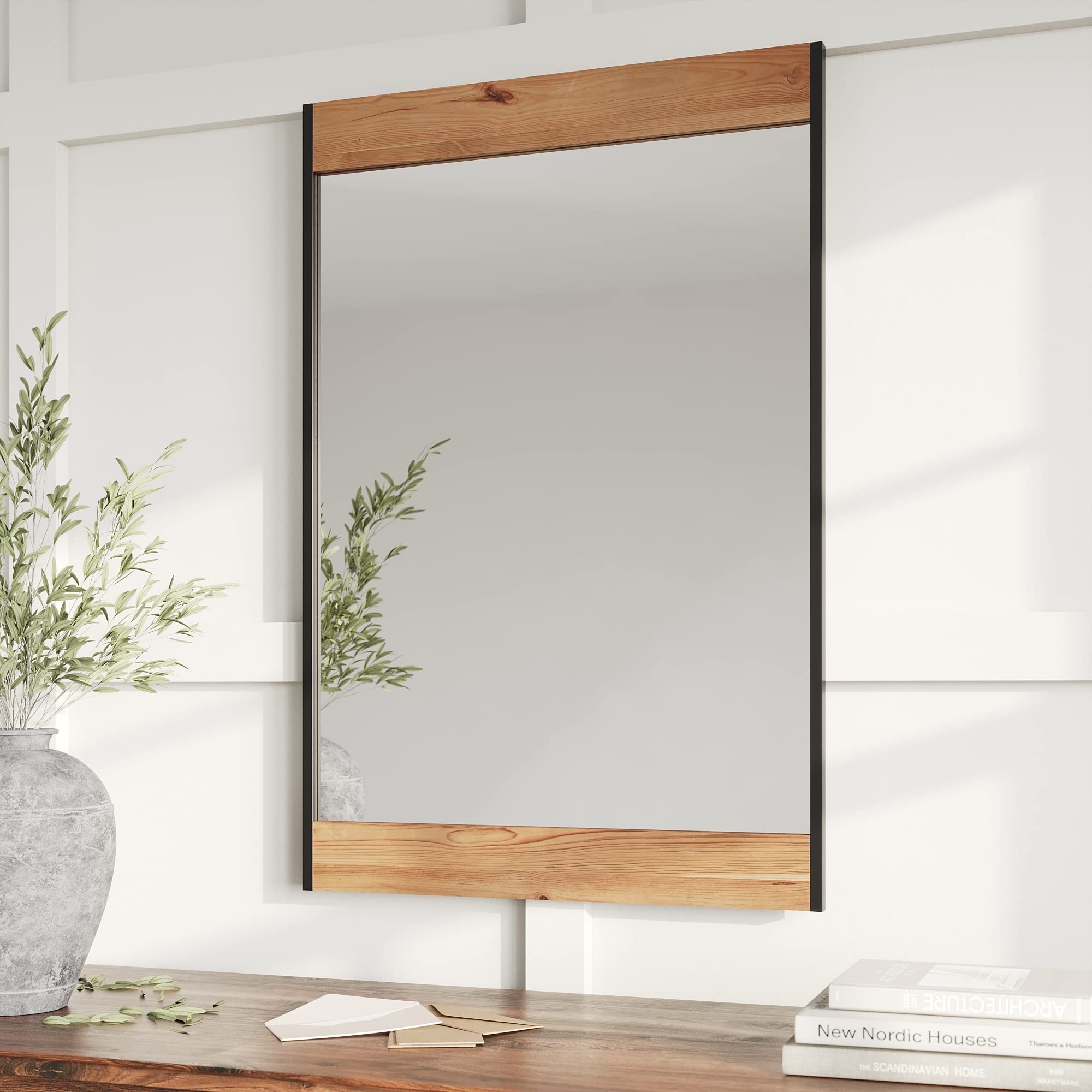 Barnyard Designs 24x36 Wooden Farmhouse Wall Mirror - Modern Rustic Metal and Wood Frame Mirror for Bathroom Vanity, Living Room, Bedroom & Entryway - Brown Distressed Finish - Perfect for Farmhouse, Industrial & Rustic Home Decor