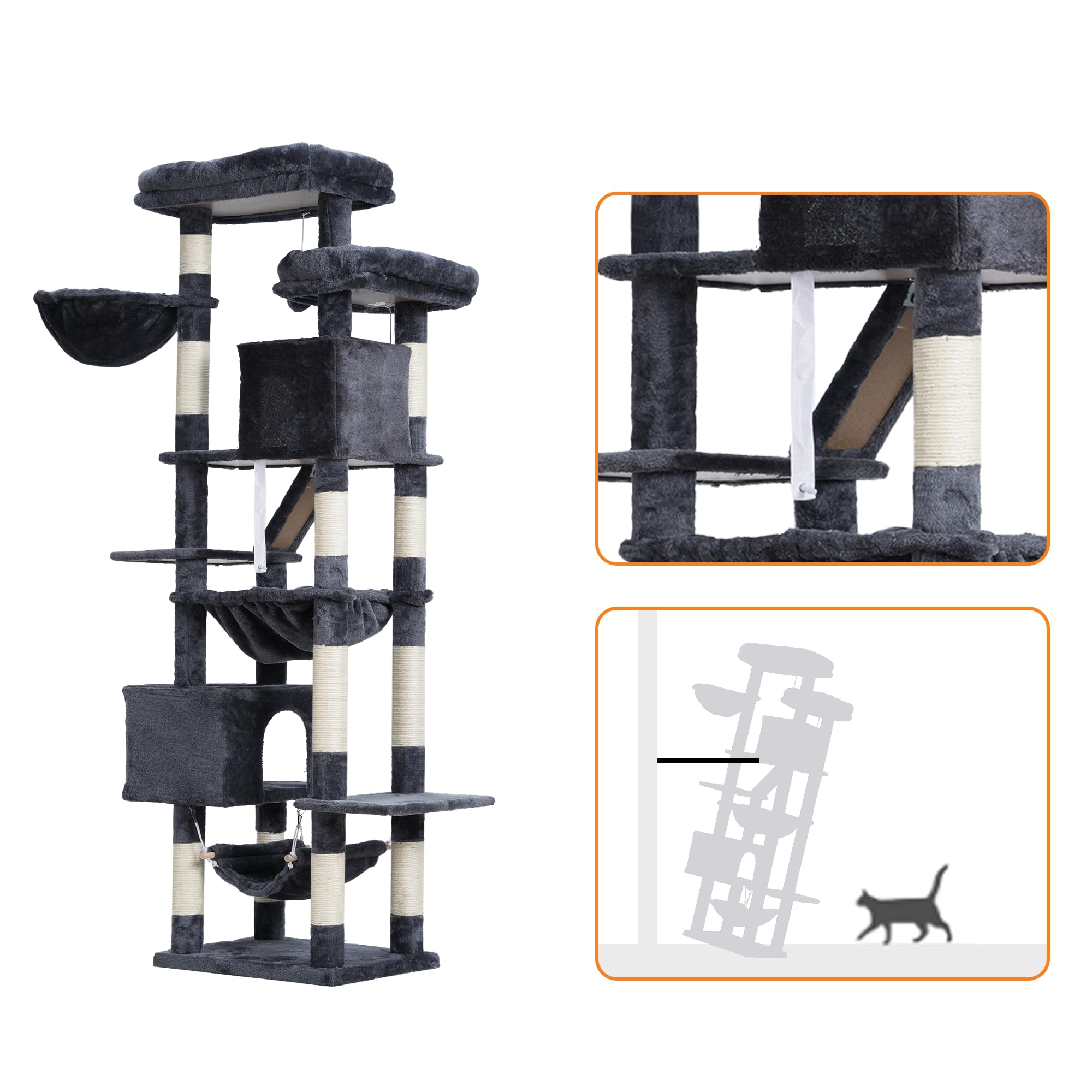 Heybly 71-Inch Tall Cat Tree for Indoor Cats - 2 Perches, 2 Large Condos, 2 Hammocks, Basket & Scratching Pad - Durable Cat Furniture Tower in Smoky Gray (HCT034G) - Perfect for Play, Rest & Scratching in Living Rooms & Bedrooms