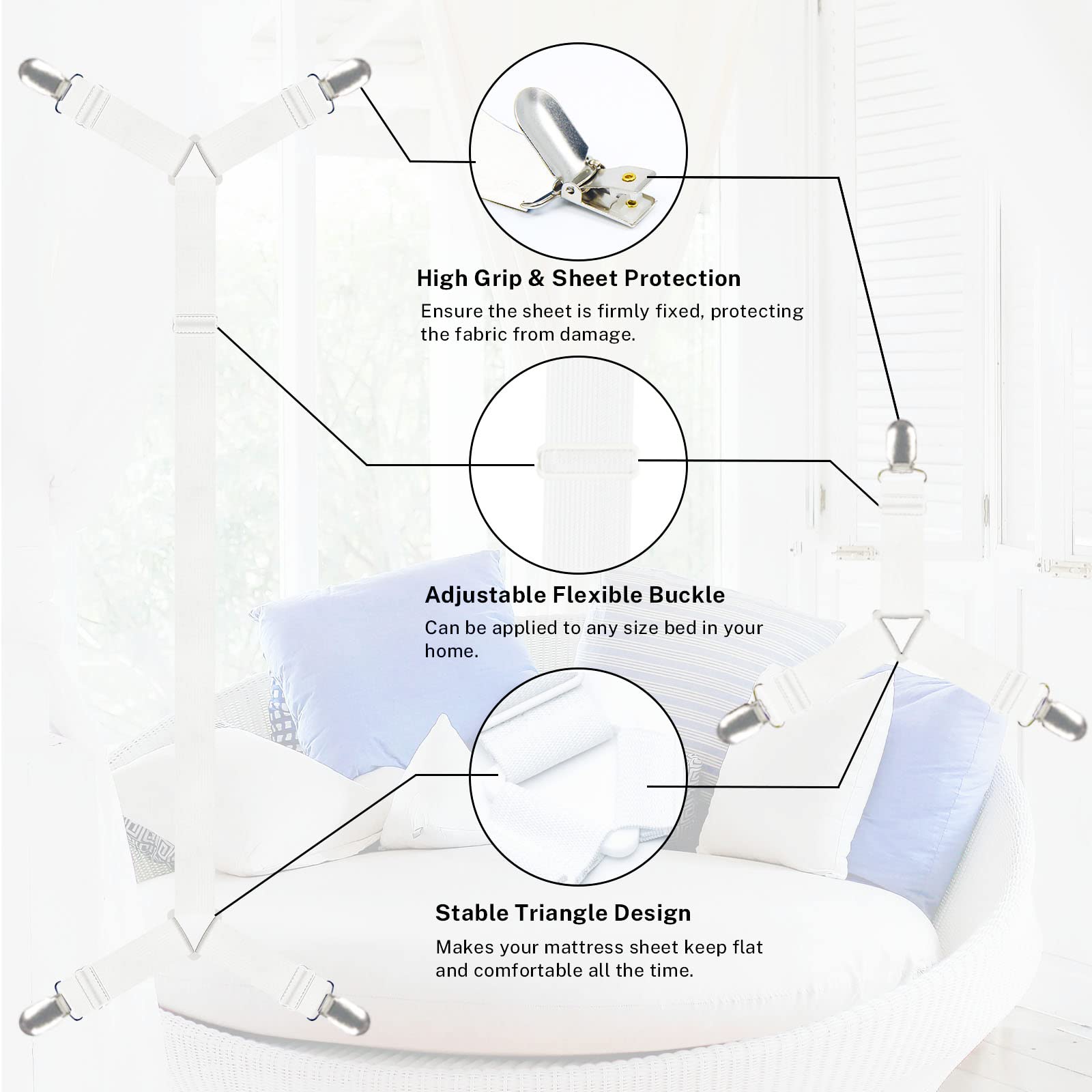 Adjustable Crisscross Bed Sheet Holder Straps - 6-Pack Elastic Fitted Sheet Fasteners for Full, Queen, King & Twin Beds - Secure & Wrinkle-Free (White) | Perfect for Hotels, Dorms & Home Use