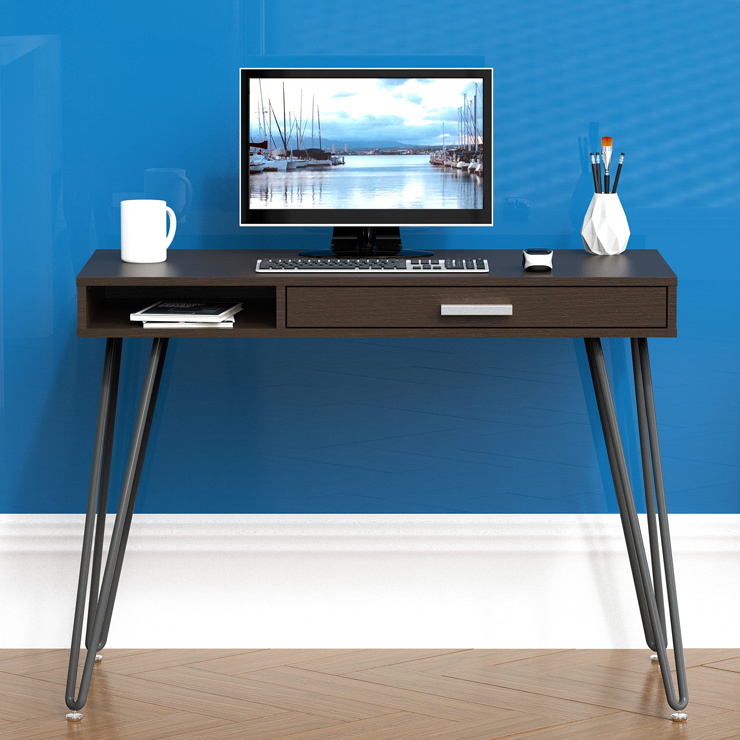 SHW Modern Home Office Computer Desk with Drawer & Hairpin Legs - Stylish Writing Desk for Small Spaces, Perfect for Remote Work & Study