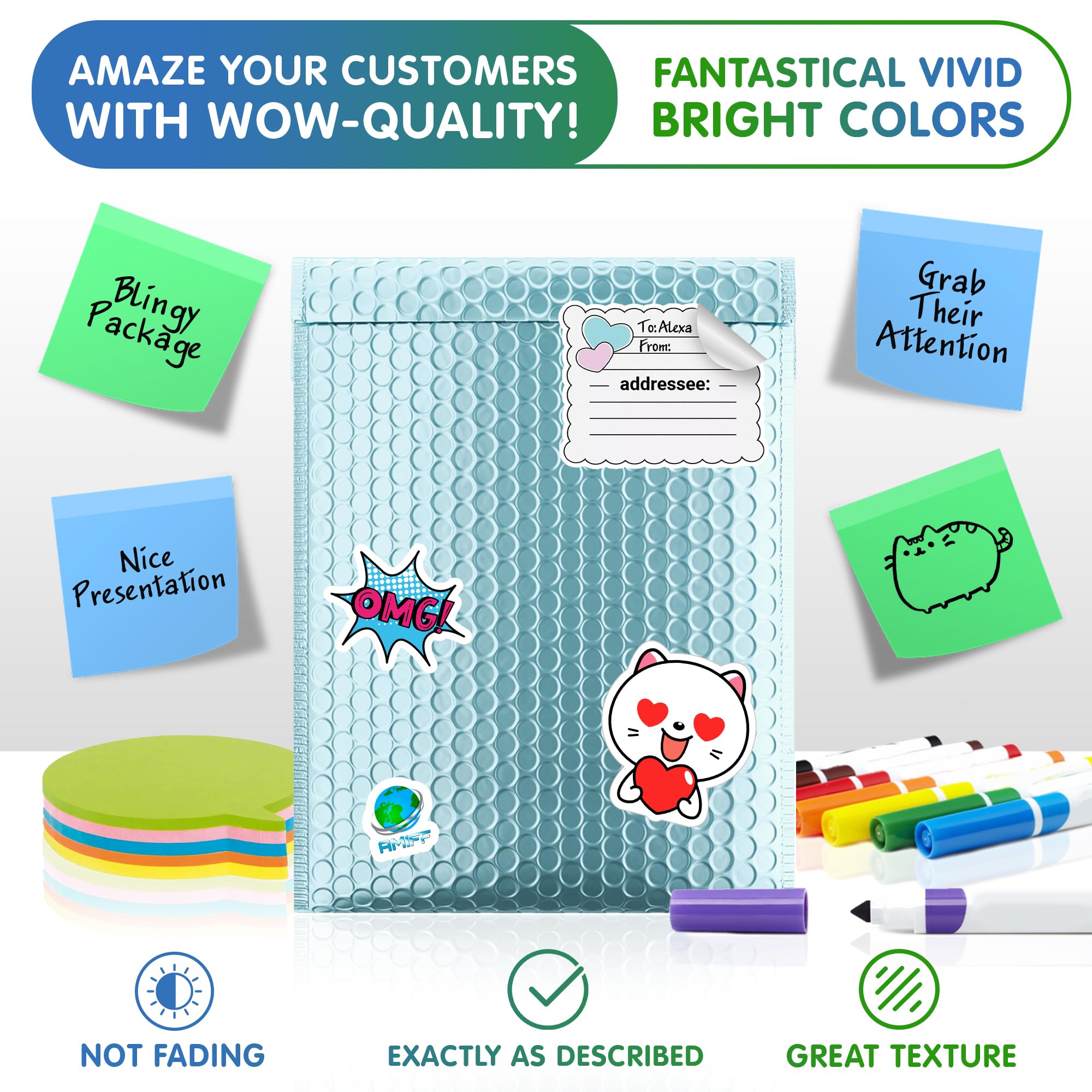 250 Pack 6.5 x 9 Inch Aqua Ice Metallic Bubble Mailers - Waterproof Padded Shipping Envelopes with Self-Seal for Secure Packaging | Perfect for Ecommerce, Jewelry, Cosmetics & Gift Shipping