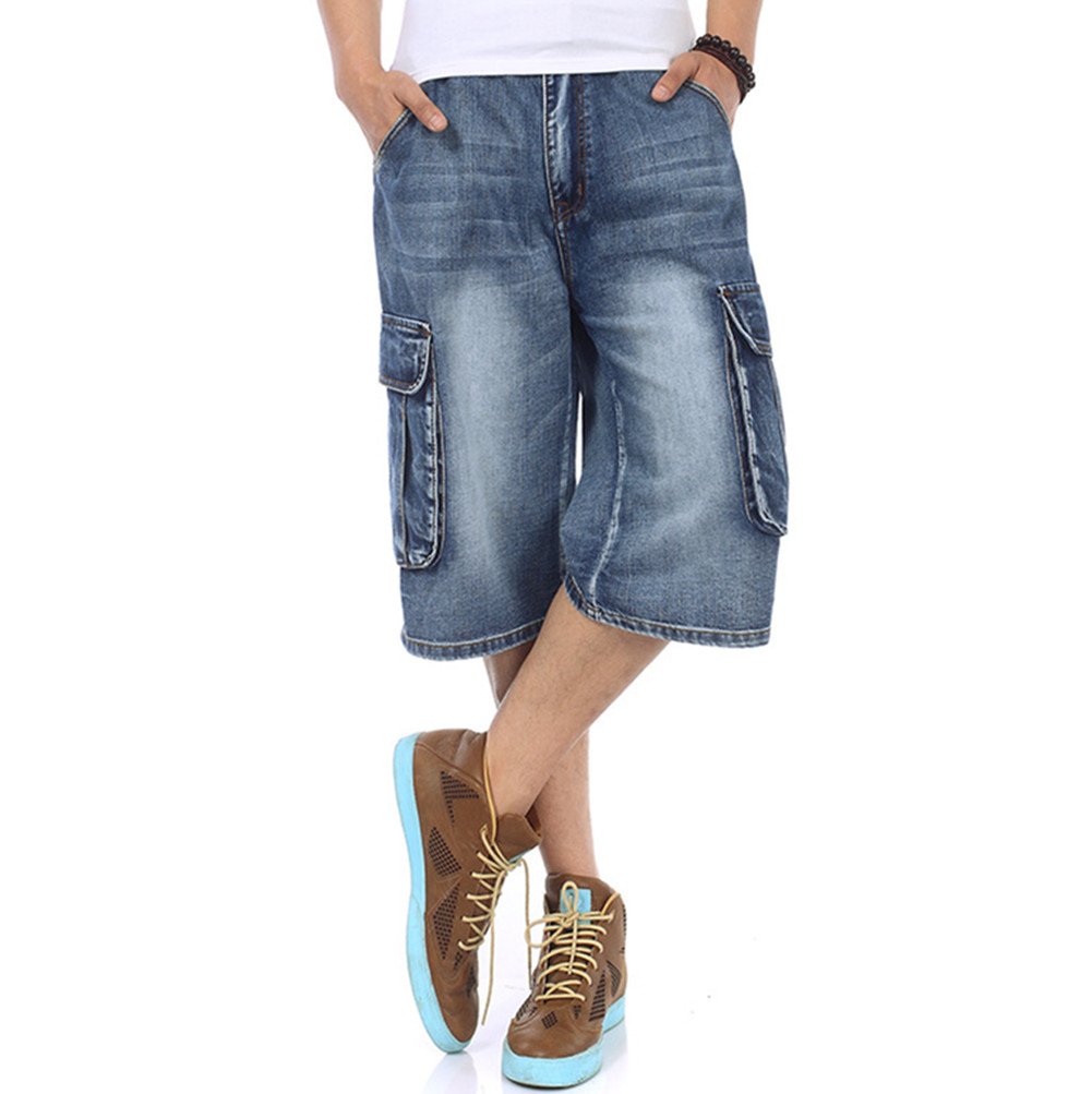 QBO Men's Light Denim Cargo Shorts - Vintage Style Stretch Jeans with Pockets | Casual Summer Wear, Outdoor Activities & Street Fashion
