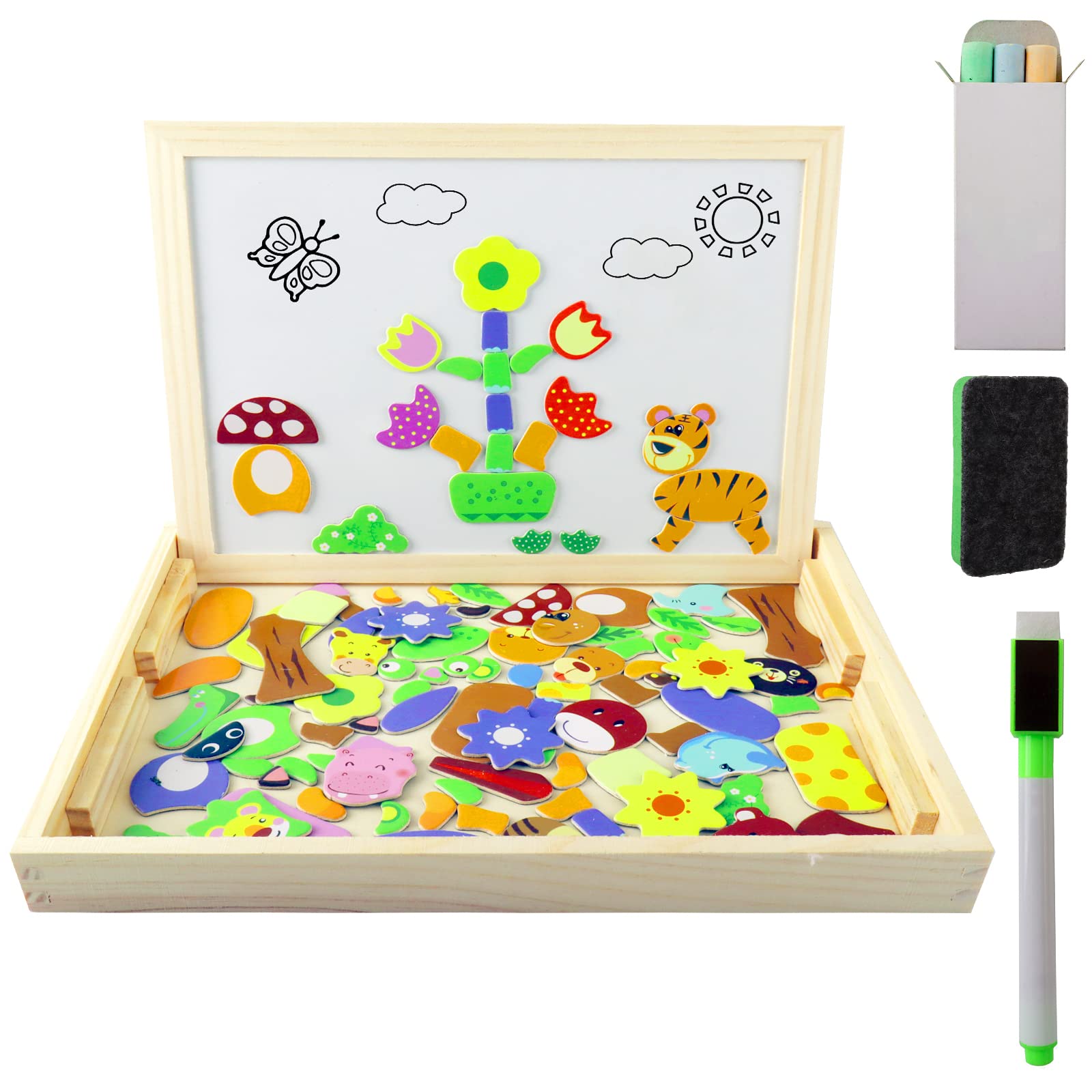 Magnetic Puzzle Drawing Board for Kids - Wooden Montessori Educational Toy with Magnetic Pieces, Learning Game for Toddlers 2+ Years Old - Perfect for Home, Classroom & Travel Play