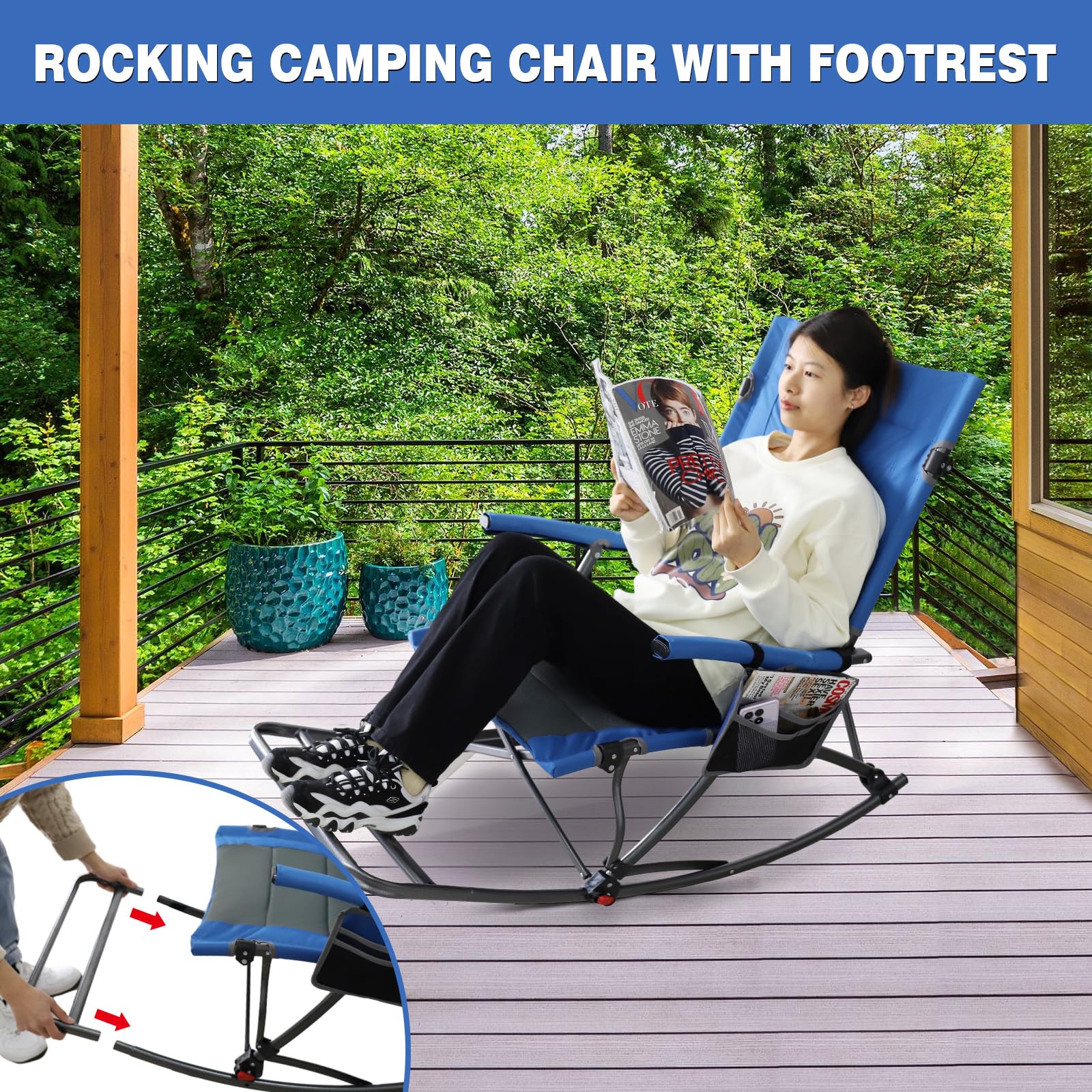 2 Pack Folding Rocking Camping Chairs with Footrest - Portable Oversized Padded Outdoor Rocking Chairs for Adults, Supports 400lbs - Perfect for Camping, Backyard, Beach, Picnics & Outdoor Relaxation