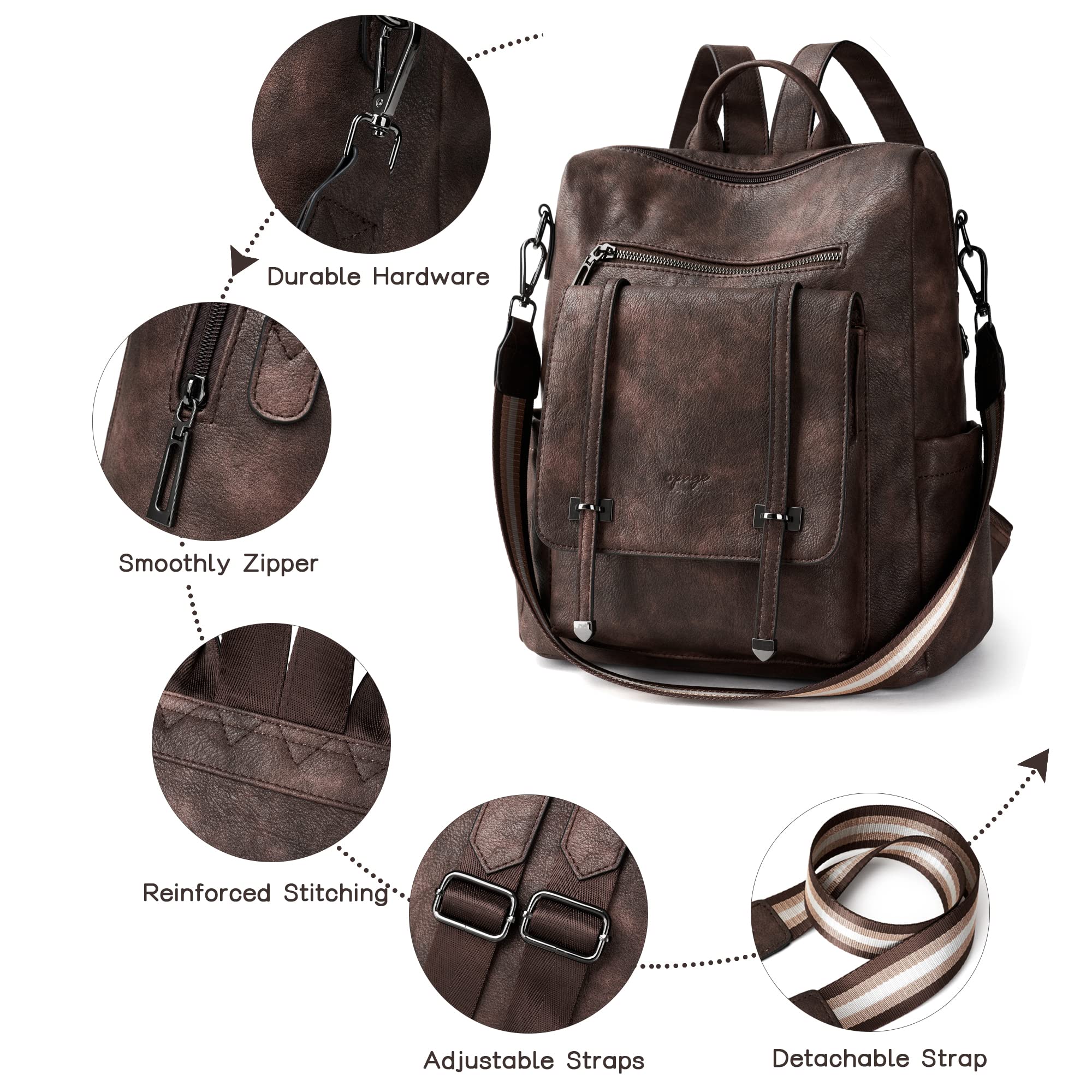 OPAGE Women's Leather Backpack Purse - Stylish Travel Backpack & Shoulder Bag with Wristlet Strap (14-inch Height) - Perfect for Work, College & Weekend Getaways
