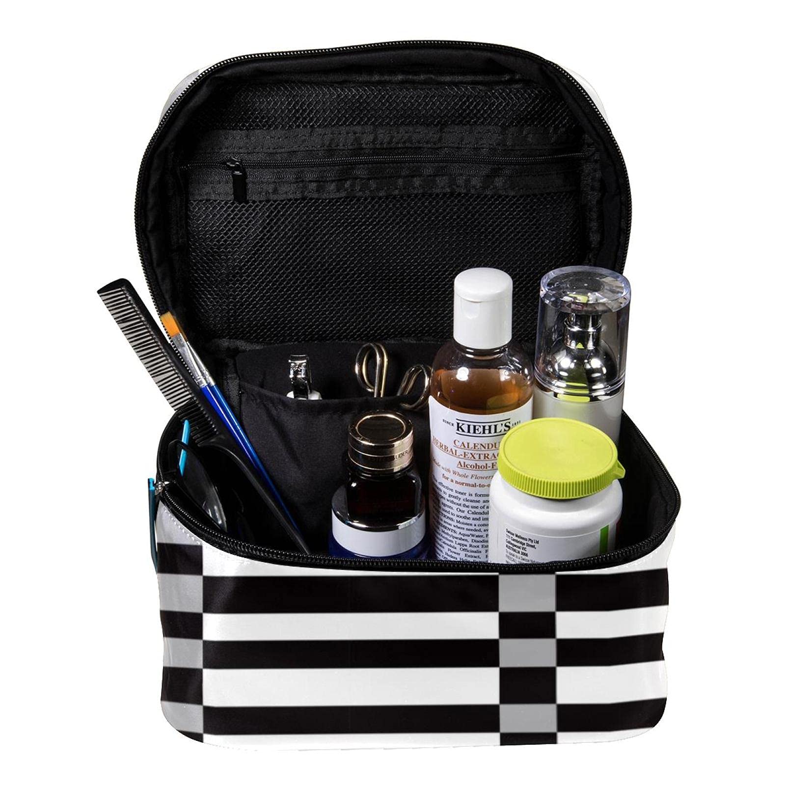 Black Plaid Check Travel Makeup Bag - Large Cosmetic Organizer for Women & Girls - Perfect for Travel & Daily Use
