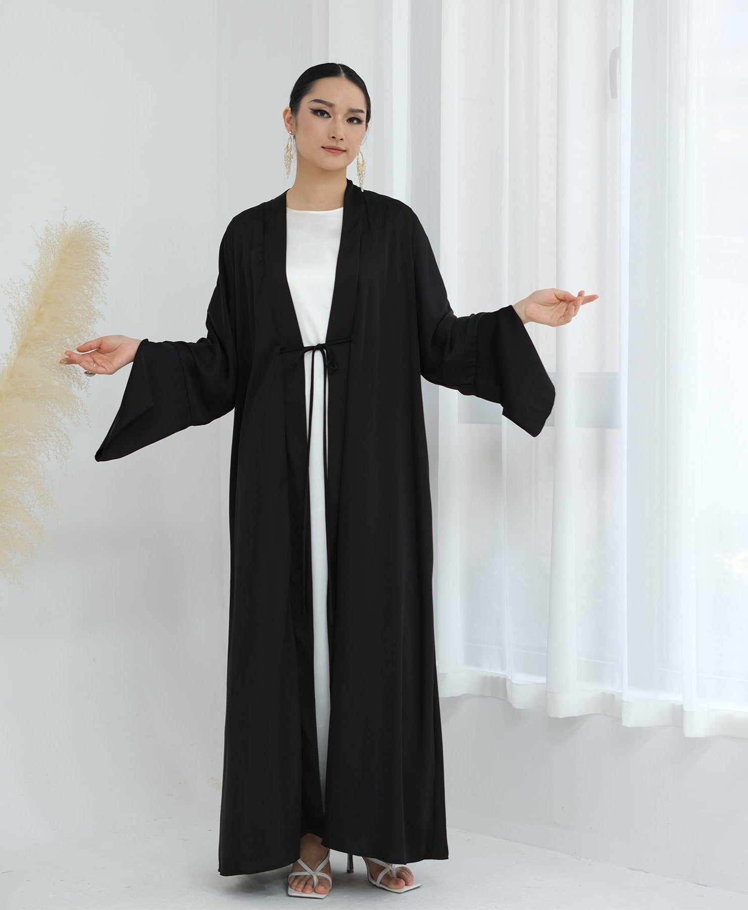 Lavinia Satin Open Abaya Dress for Women - Elegant Muslim Abaya Robe - Black Islamic Prayer Dress for Mosque, Eid & Special Occasions