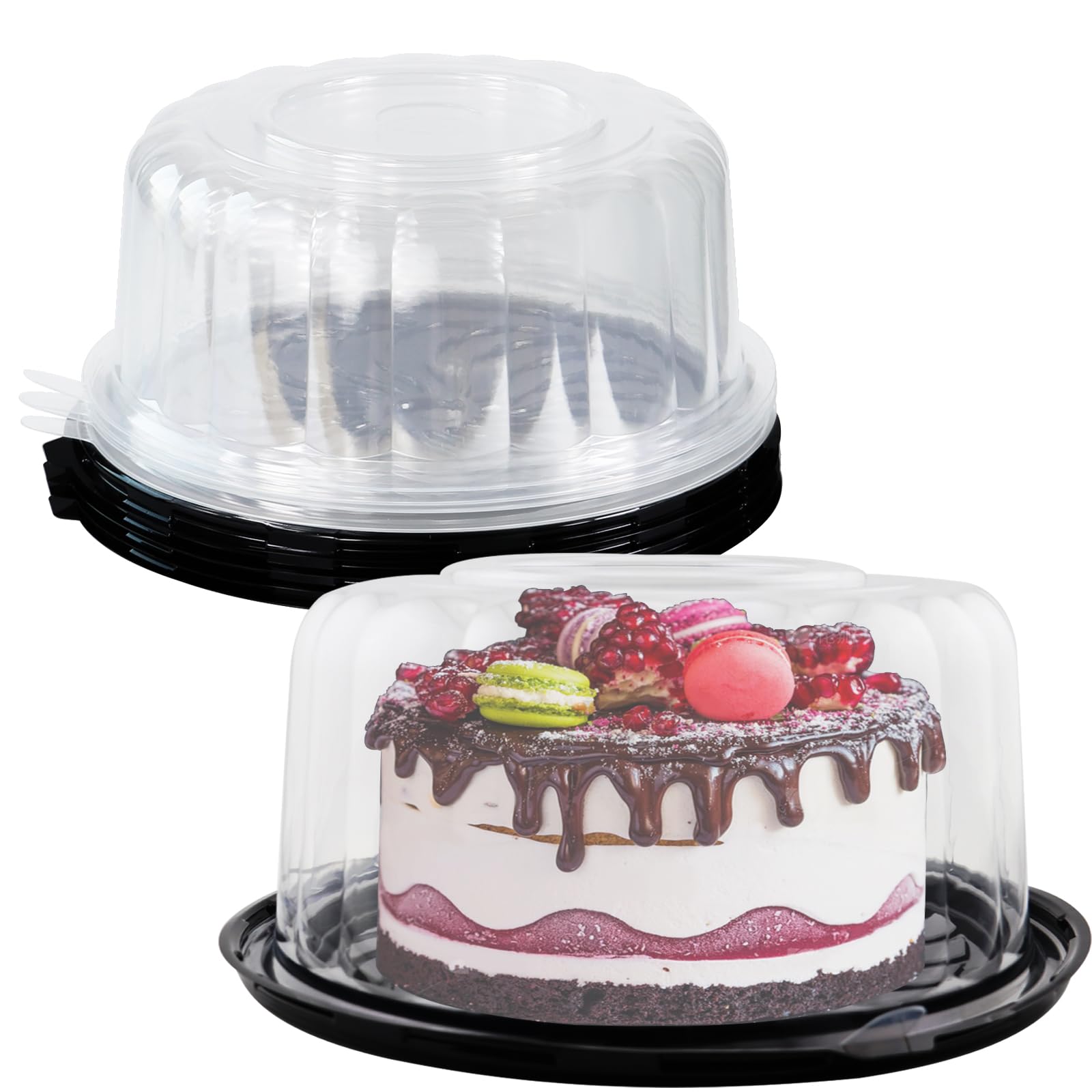 FEOOWV 5-Piece Round Plastic Cake Carrier Set - 10 Inch Clear Disposable Cake Containers with Dome Lids & Cake Boards - Perfect for Birthday Parties, Wedding Cakes & Bakery Transport