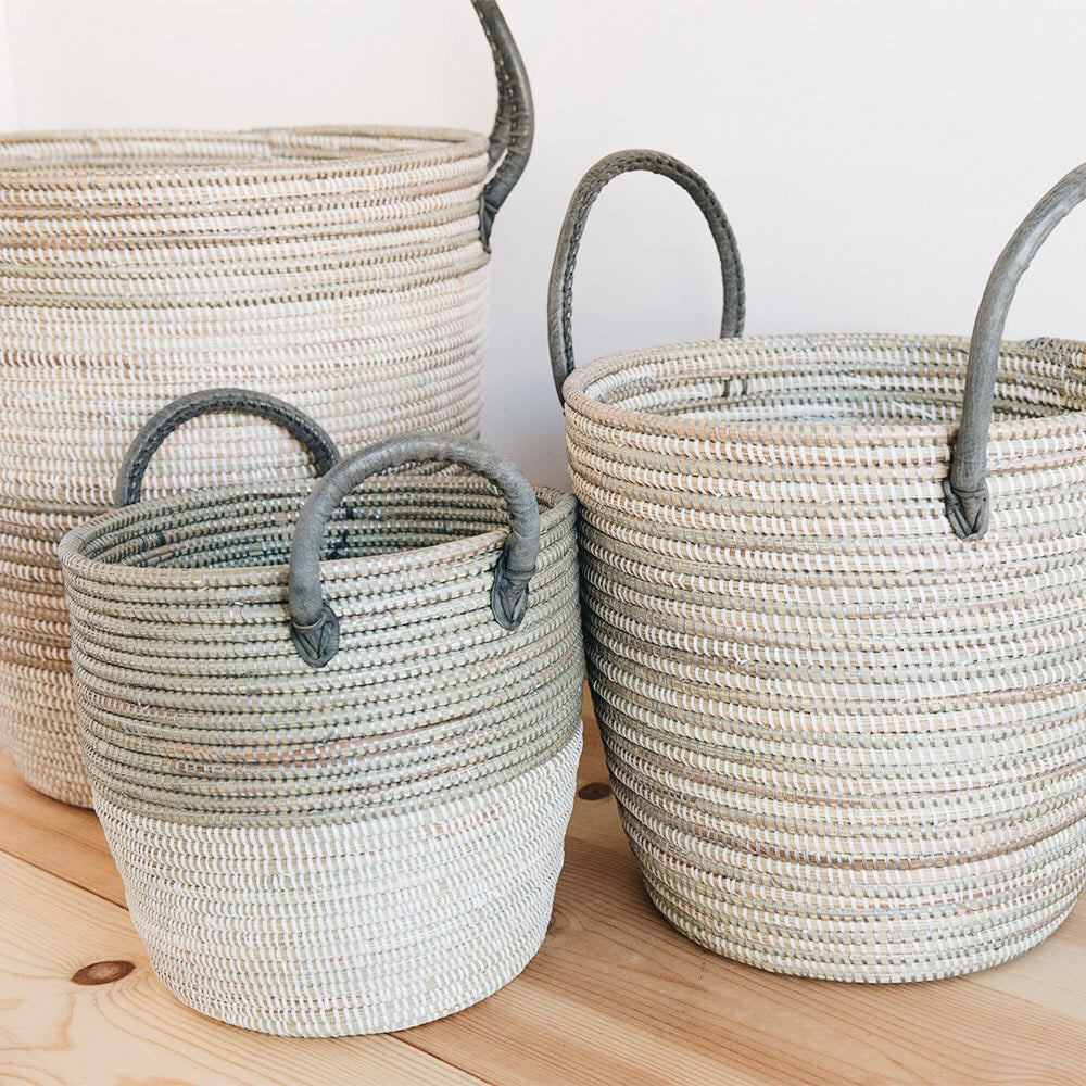 Premium Silver Storage Basket Set with Leather Handles - Organize Home, Office & Nursery - Perfect for Shelves, Closets & Bathroom Storage