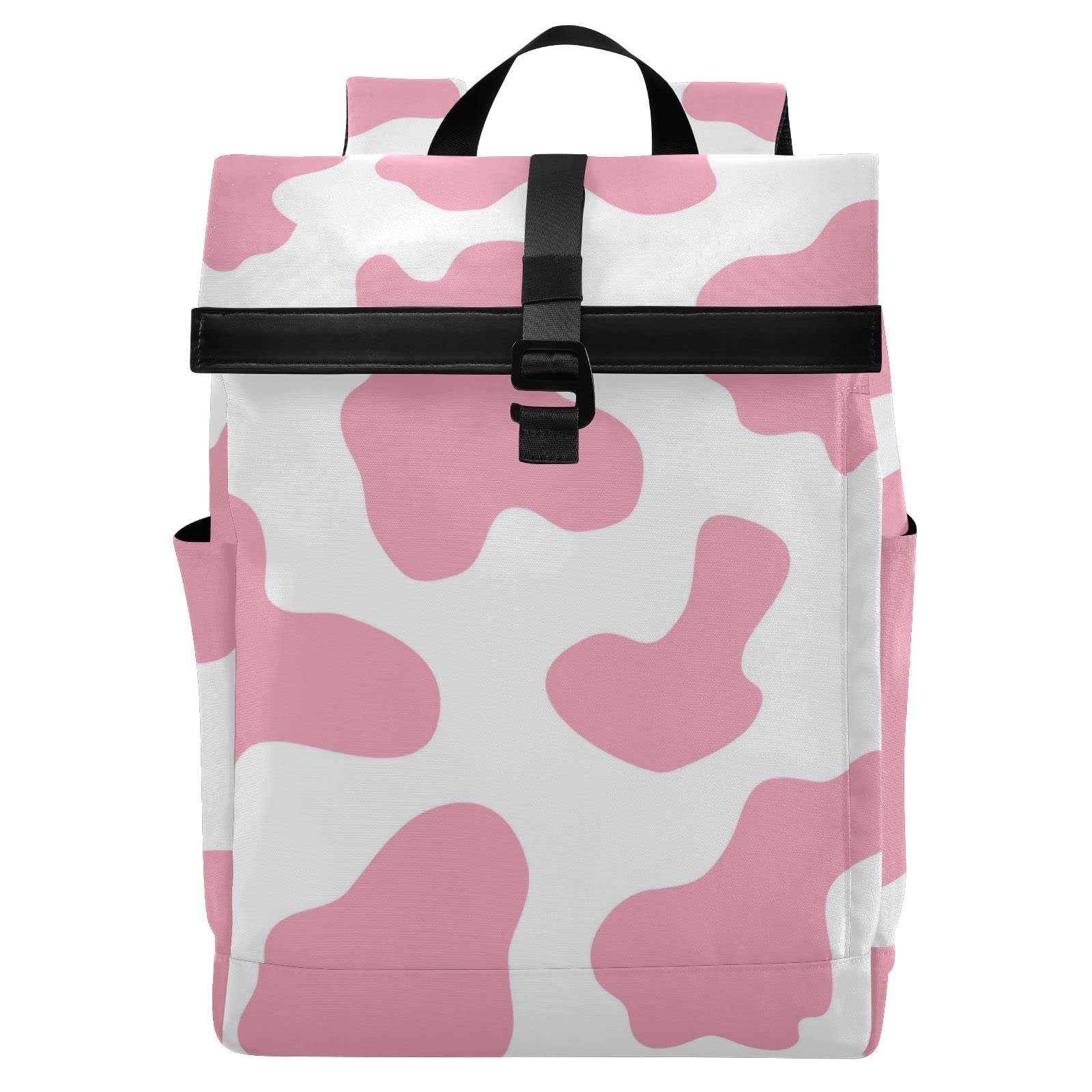 JHKKU Pink Cow Print Roll Top Backpack - Waterproof Anti-Theft Laptop Backpack for Men & Women, Fits 15.6 Inch Laptop - Perfect for Work, Travel & College | Durable & Stylish Everyday Carry