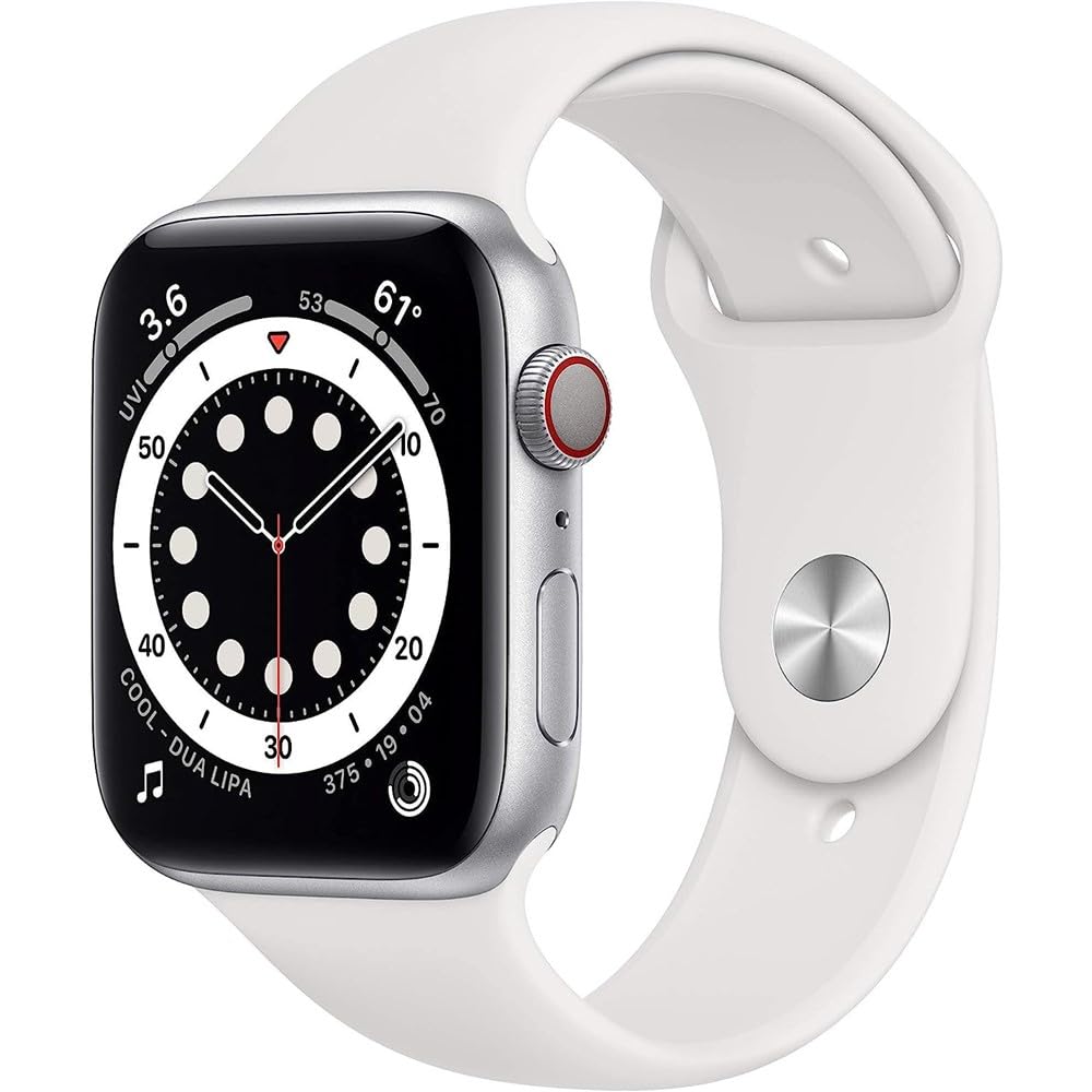 Apple Watch Series 6 GPS + Cellular 44mm Silver Aluminum Case with White Sport Band - Renewed Smartwatch for Fitness Tracking, Heart Rate Monitoring & iPhone Connectivity - Perfect for Workouts, Running & Daily Wear
