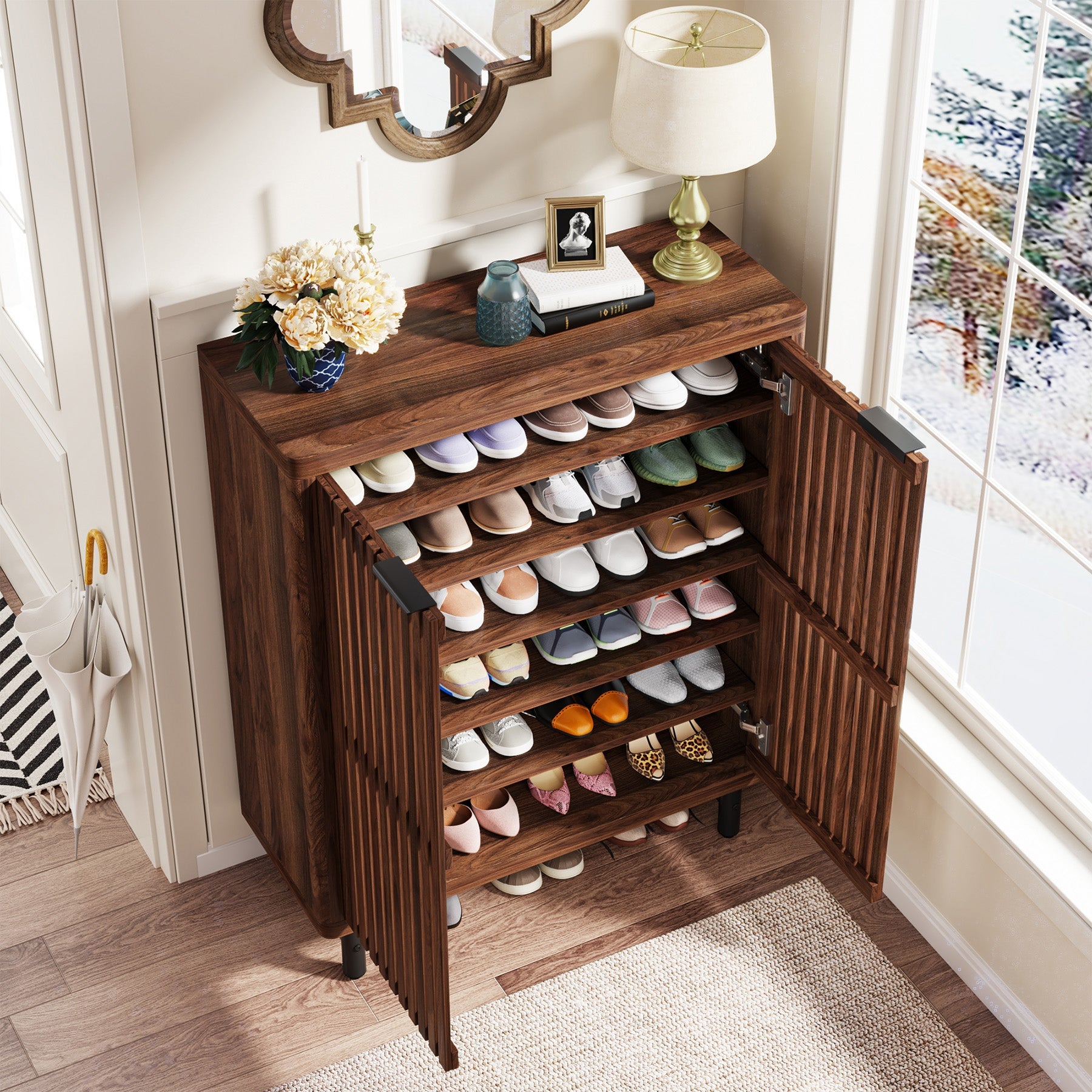 6 Tier Wooden Shoe Cabinet with Louvered Doors & Adjustable Shelves - Space Saving Entryway Storage Organizer for Shoes, Boots & Home Decor - Perfect for Hallway, Closet & Apartment Living