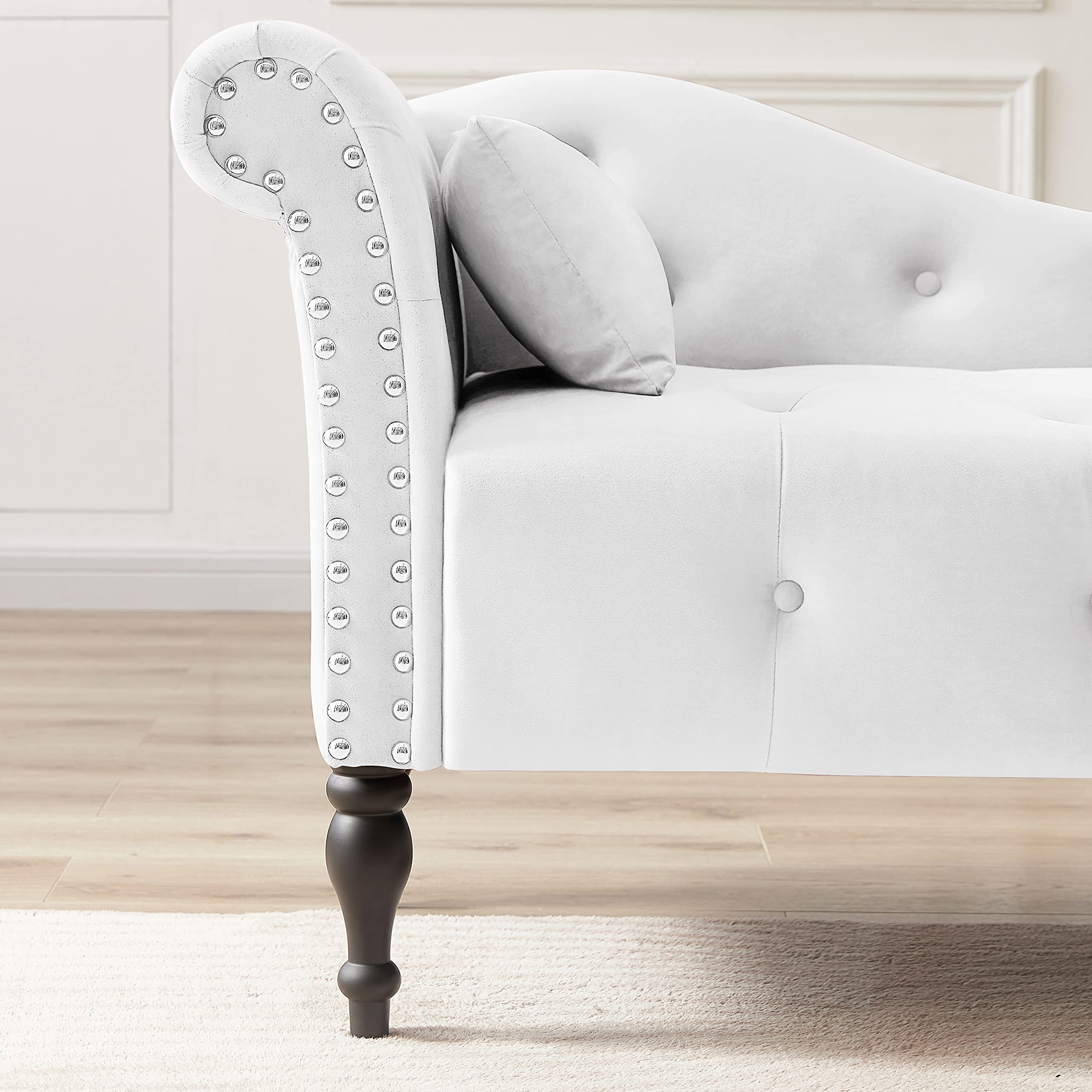 Luxury Velvet Chaise Lounge Sofa Bed - Modern Tufted Button & Nailhead Trim Design with Rolled Left Armrest & Pillow - Perfect for Bedroom, Living Room & Home Office (White)
