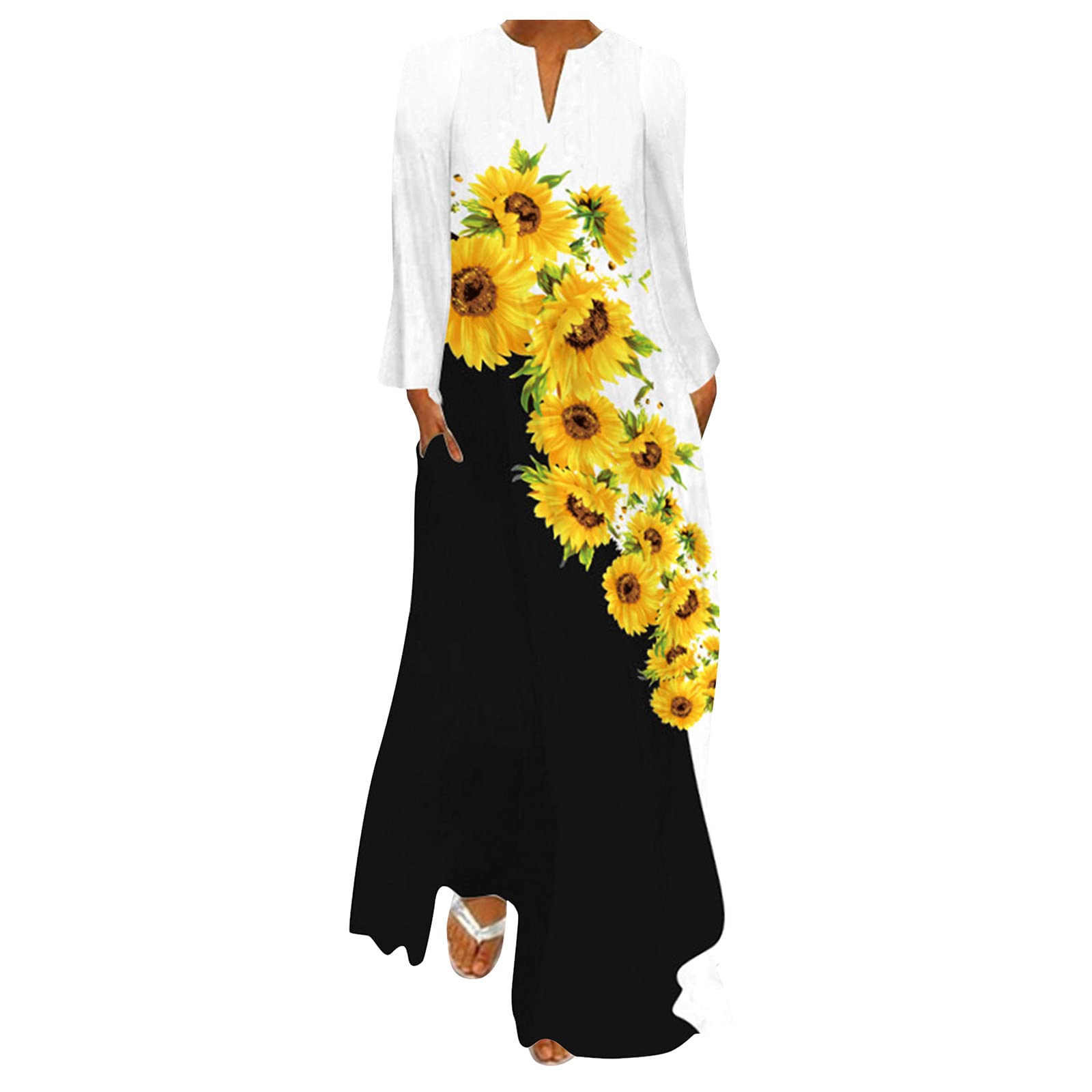 KASAAS Women's Long Sleeve V-Neck Midi Dress - Elegant Wedding Party & Beach Dresses for Women | Perfect for Formal Events, Summer Vacations & Casual Outings