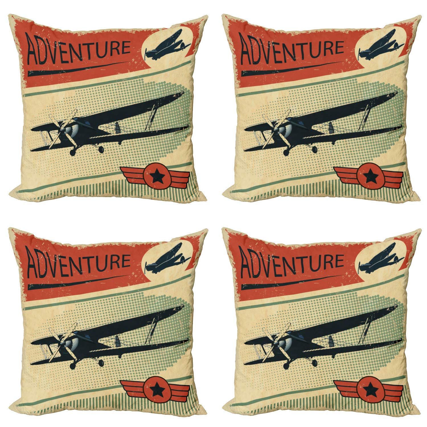 Ambesonne Vintage Decorative Throw Pillow Covers Set of 4 - Nostalgic Airplane Adventure Design on Grunge Dotted Background - 20 Inch Multicolor Cushion Covers for Sofa, Living Room, Bedroom & Car Decor - Perfect for Home Decor, Travel Enthusiasts & Aviation Lovers